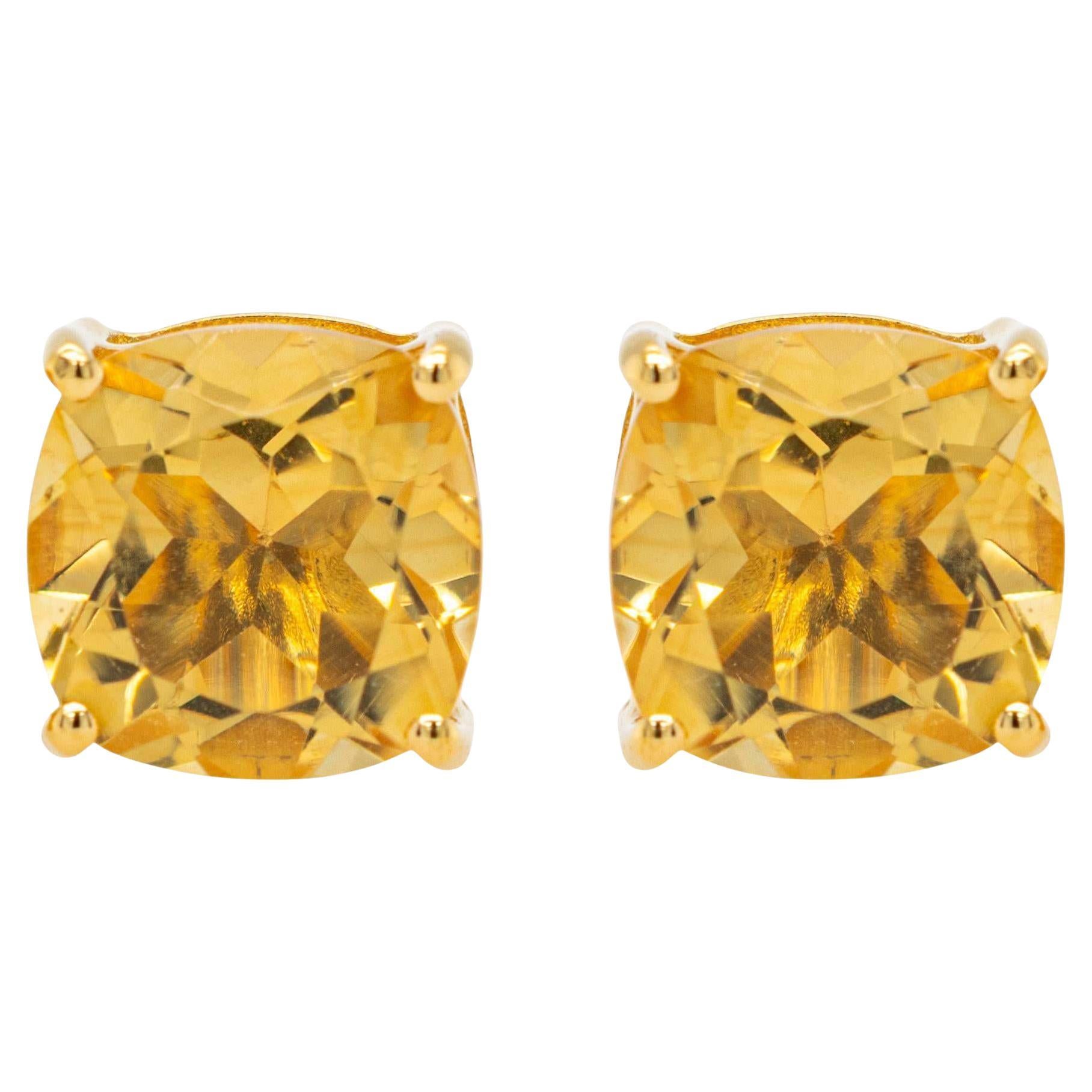 Citrine Stud Earrings 5.90 Carats Total 24K Yellow Gold Plated Silver For Sale