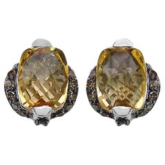 Citrine Stud Earrings Champagne Diamonds 3 Carats Silver