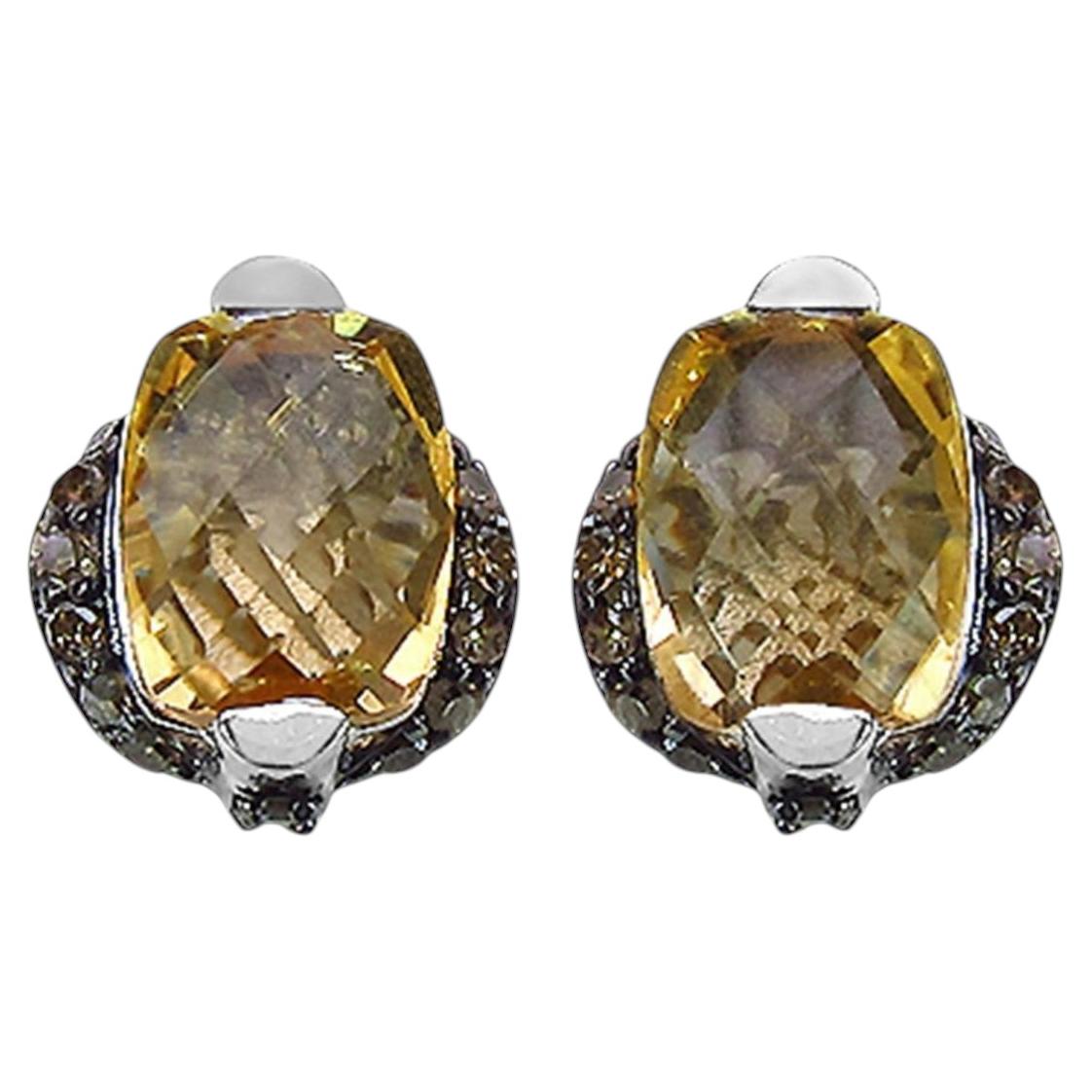 Citrine Stud Earrings Champagne Diamonds 3 Carats Silver