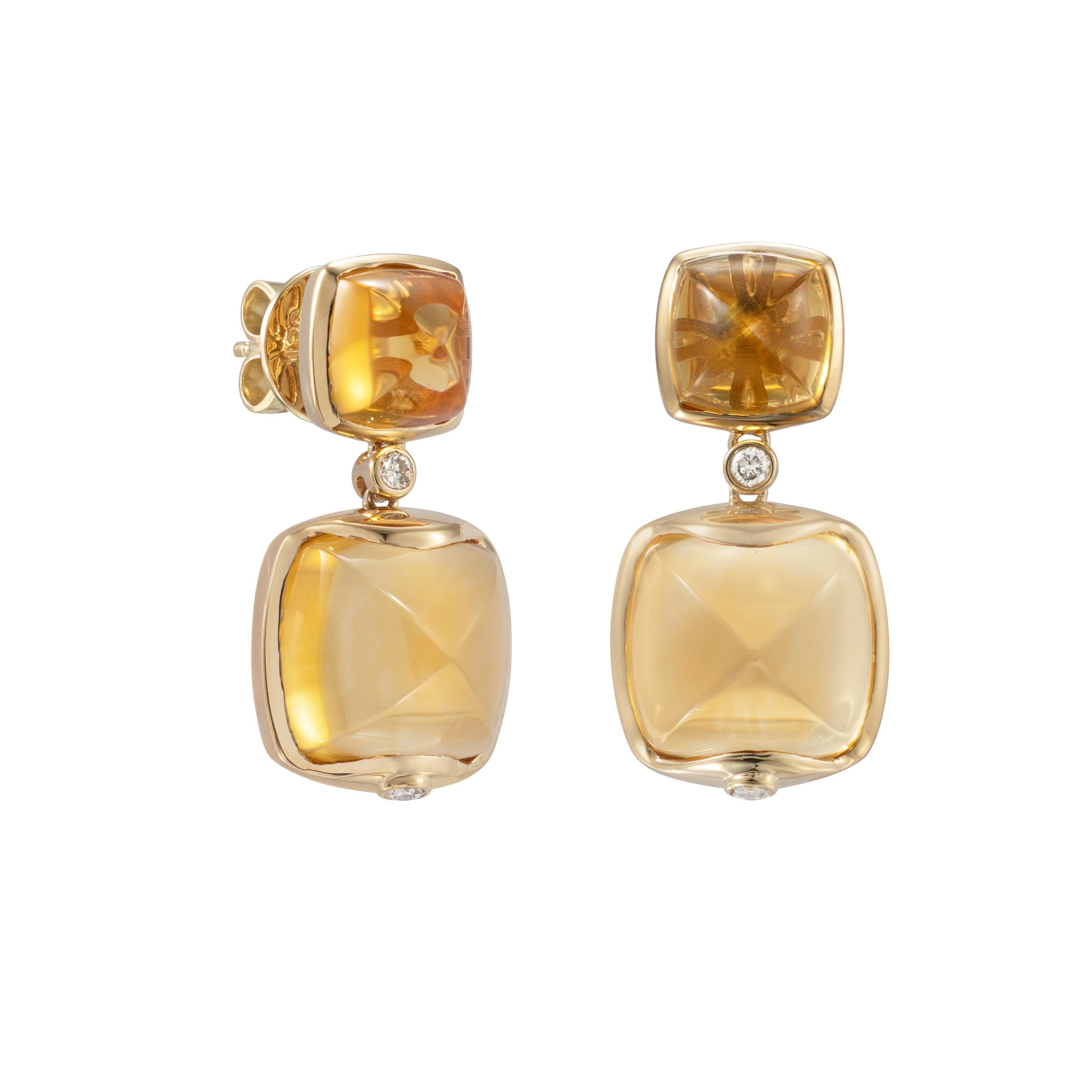 Contemporary Citrine Sugarloaf Earrings with Diamond in 18 Karat Yellow Gold For Sale