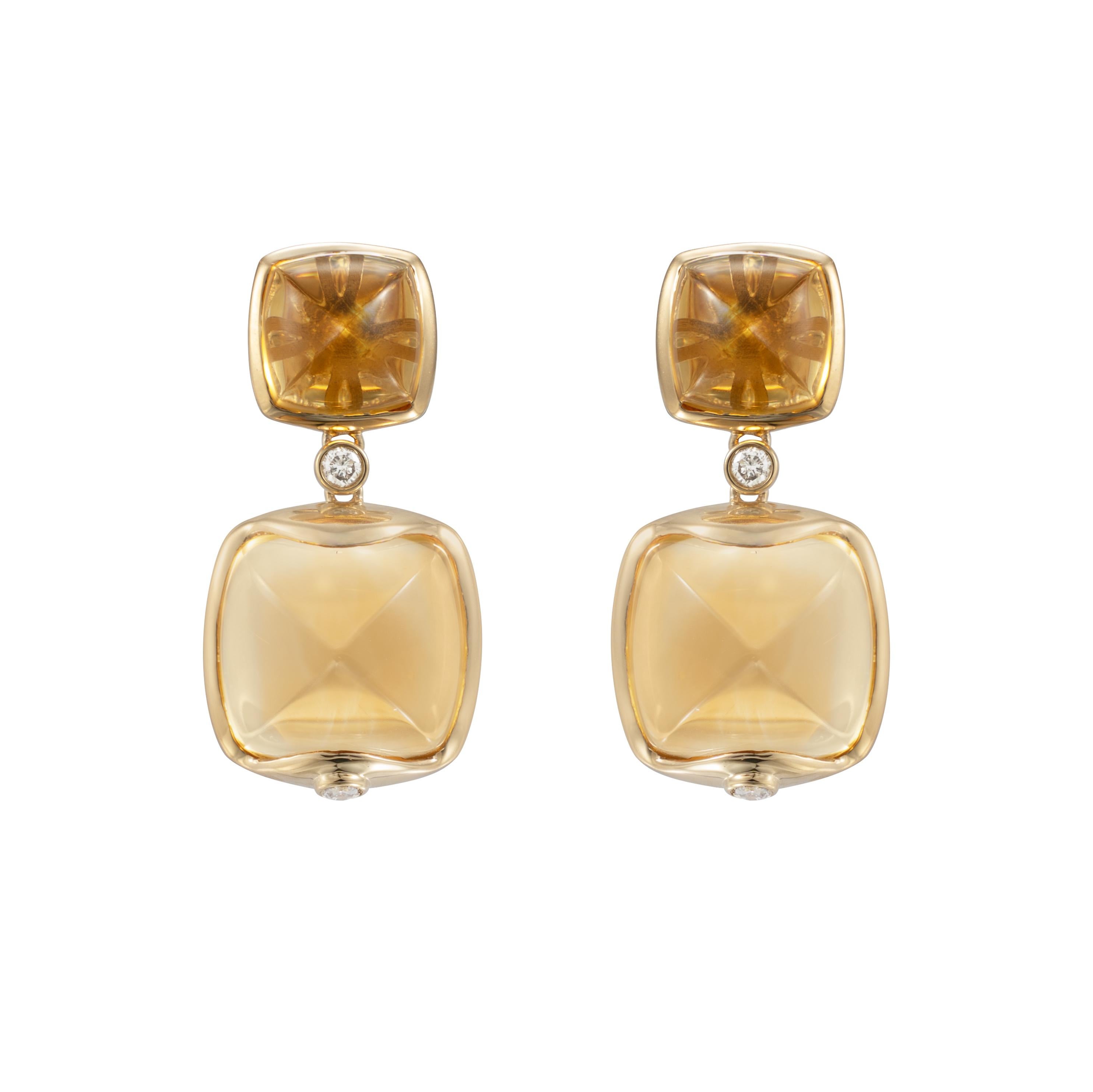 Sugarloaf Cabochon Citrine Sugarloaf Earrings with Diamond in 18 Karat Yellow Gold For Sale