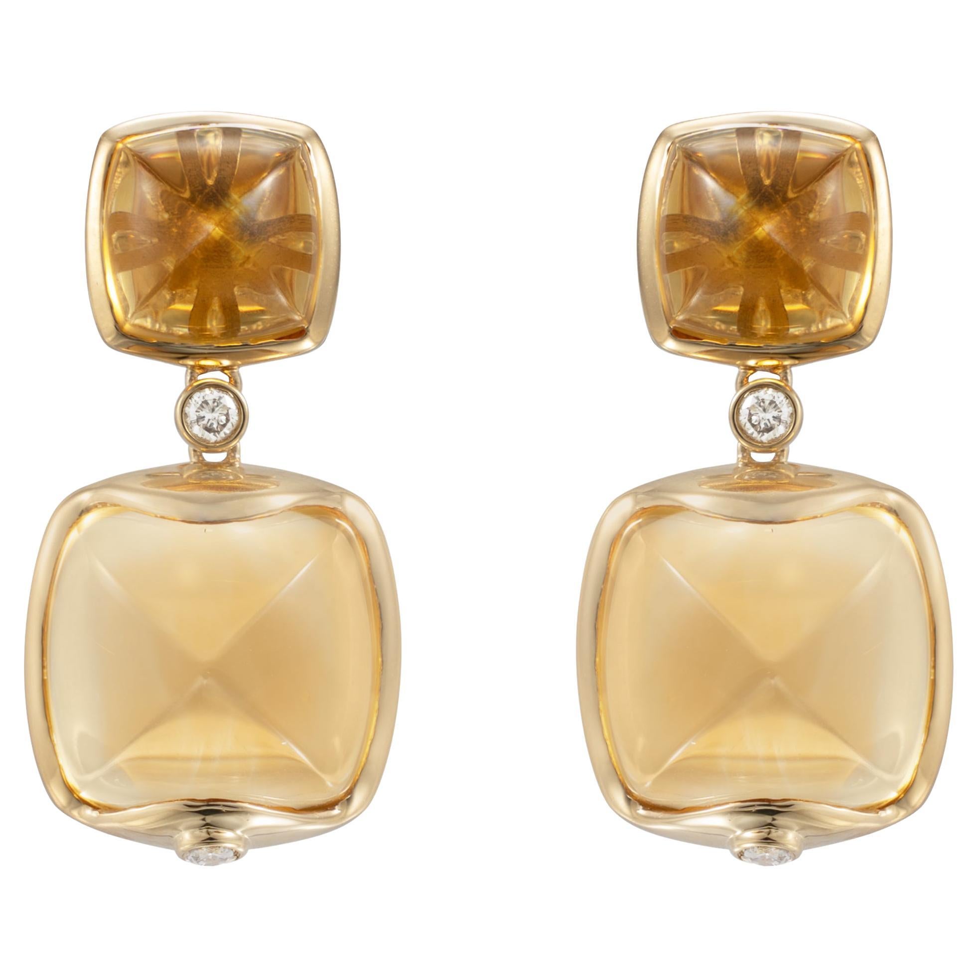 Citrine Sugarloaf Earrings with Diamond in 18 Karat Yellow Gold For Sale