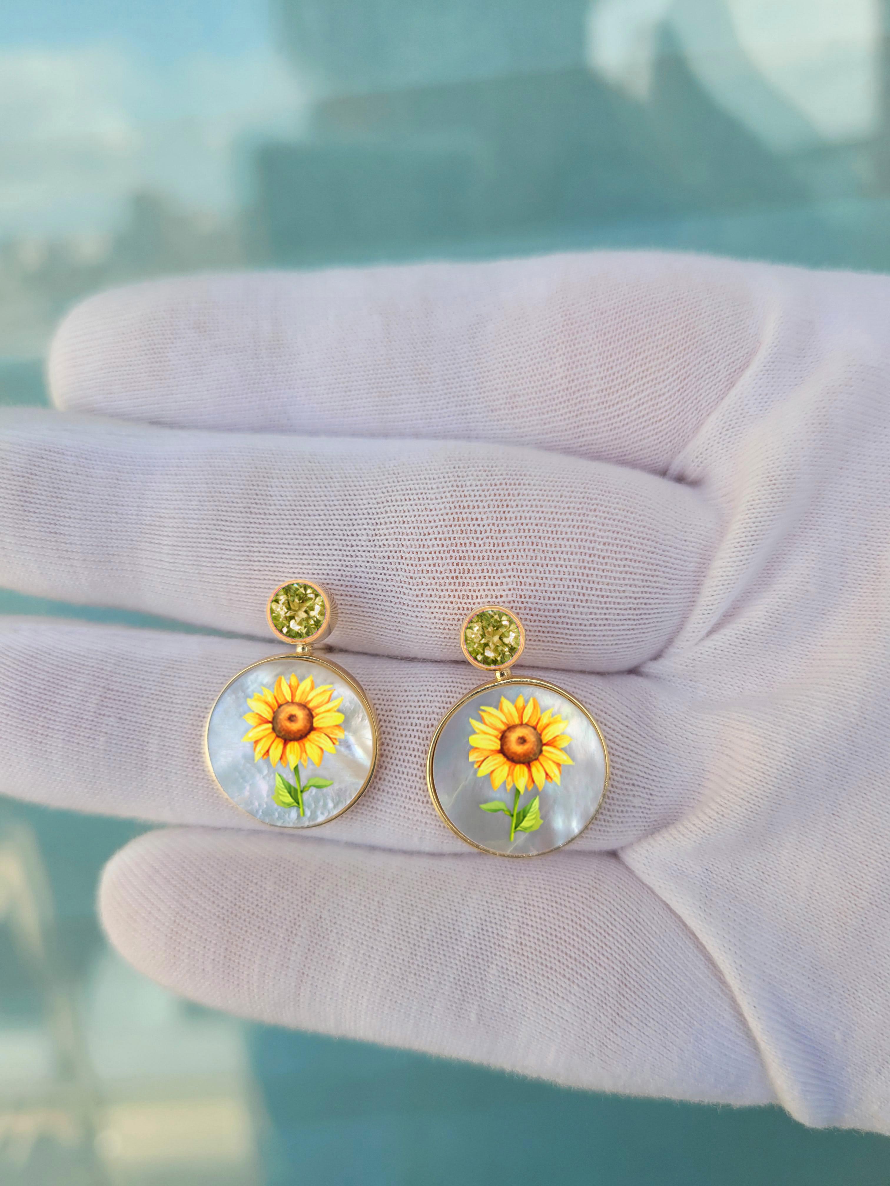 Perlmutt Muschel-Ohrstecker mit Citrin, Sonnenblumenzeichnung. Handgefertigte Paint Flower Shell Ohrringe mit Citrin. Strand Hochzeit Braut Ohrstecker Ohrringe Mutter der Perle Strand Ohrringe. Ohrringe mit Muschelfarbe. Tragbare Kunst Ohrringe