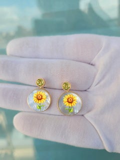 Citrine, sun flower painting, Mother of pearl earrings studs.