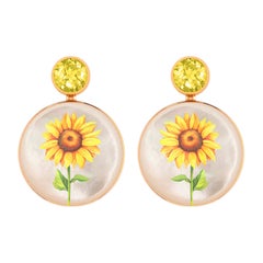 Citrine, sun flower painting, Mother of pearl earrings studs.