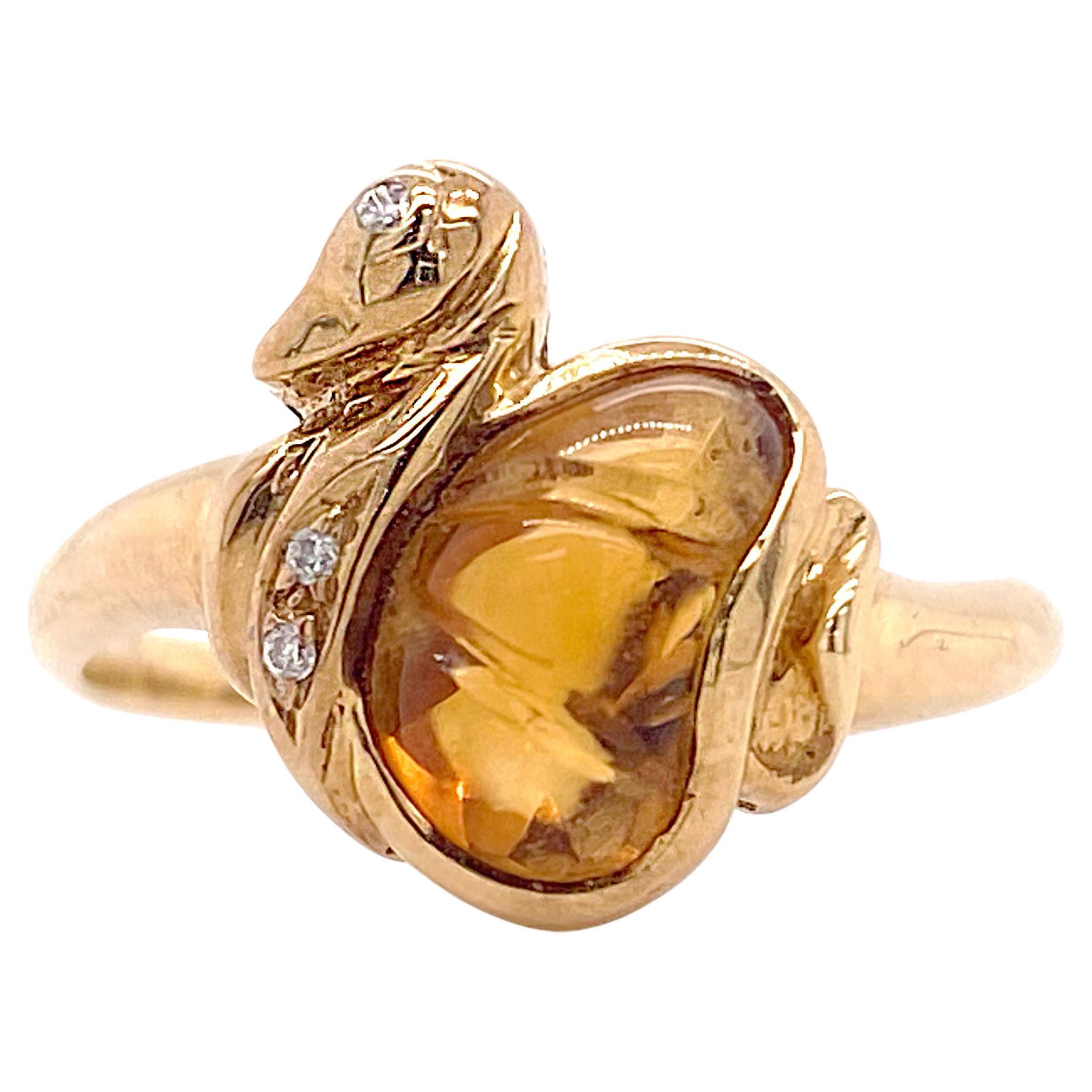 Citrine Swan Ring w Diamonds Yellow Gold, Estate Ring with a Unique Swan Shape For Sale