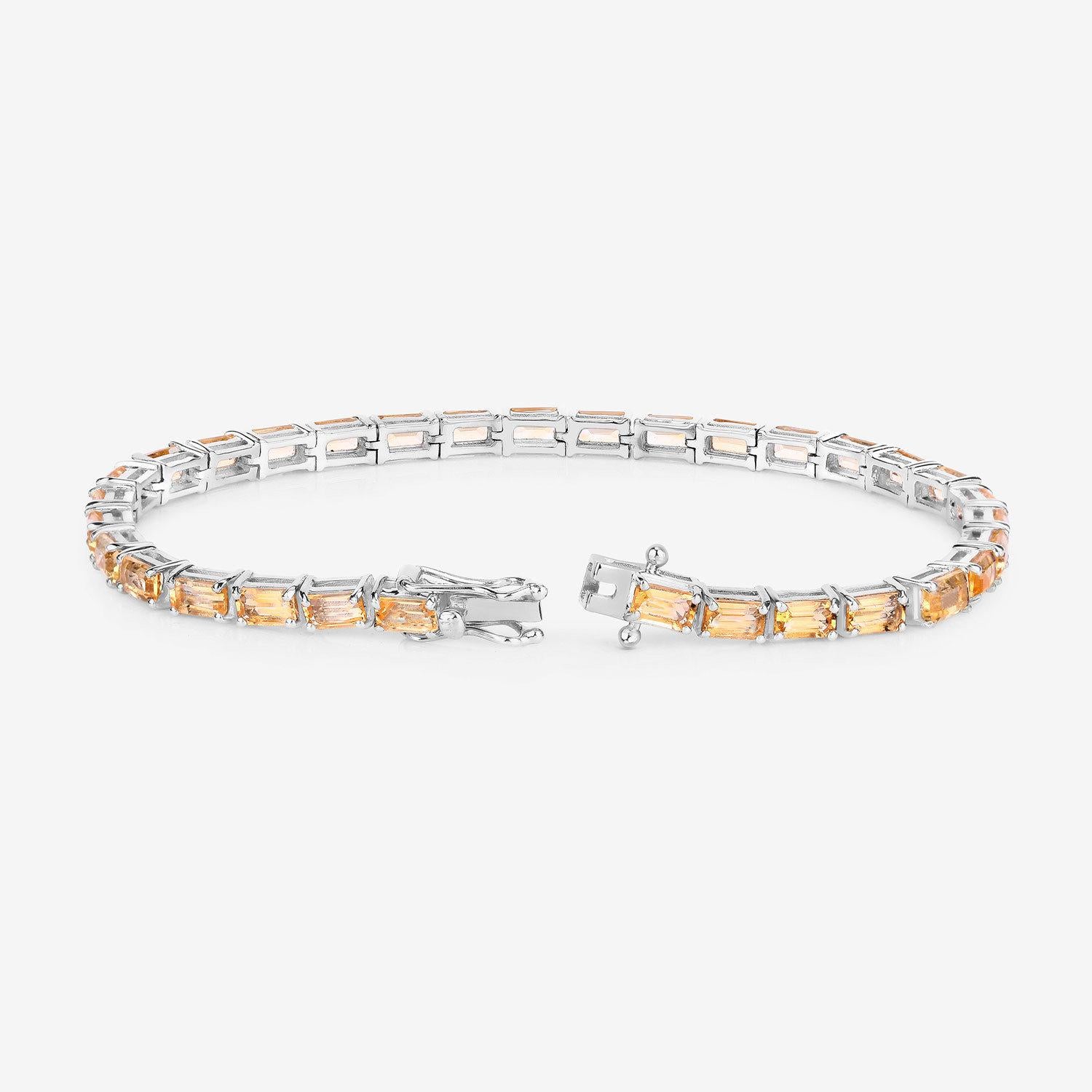 Emerald Cut Citrine Tennis Bracelet 12.7 Carats Rhodium Plated Sterling Silver For Sale