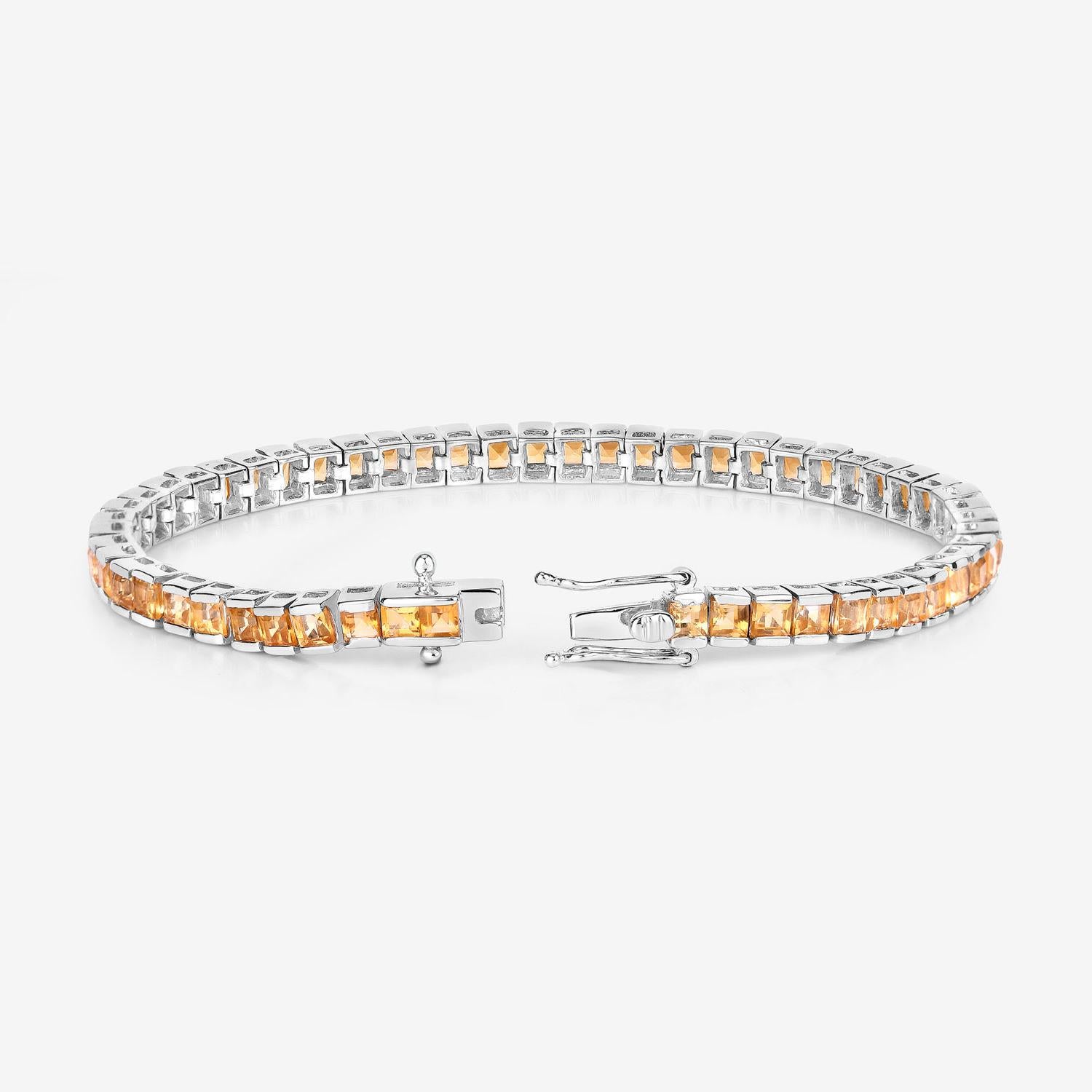 Square Cut Citrine Tennis Bracelet 8.25 Carats Rhodium Plated Sterling Silver For Sale