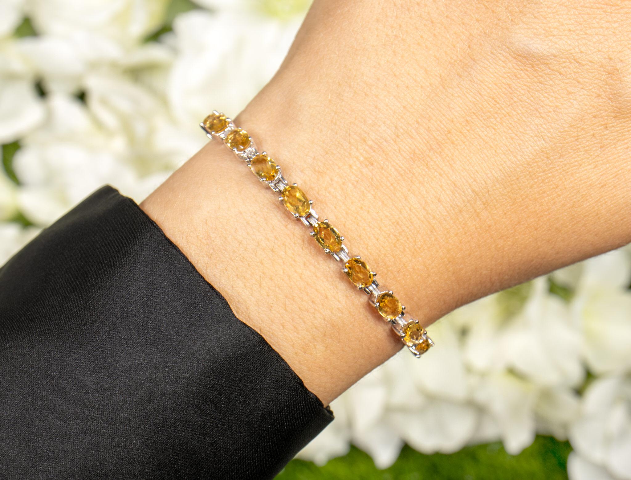 Citrine Tennis Bracelet 9 Carats Oval Cut Rhodium Plated Silver In Excellent Condition For Sale In Aliso Viejo, CA