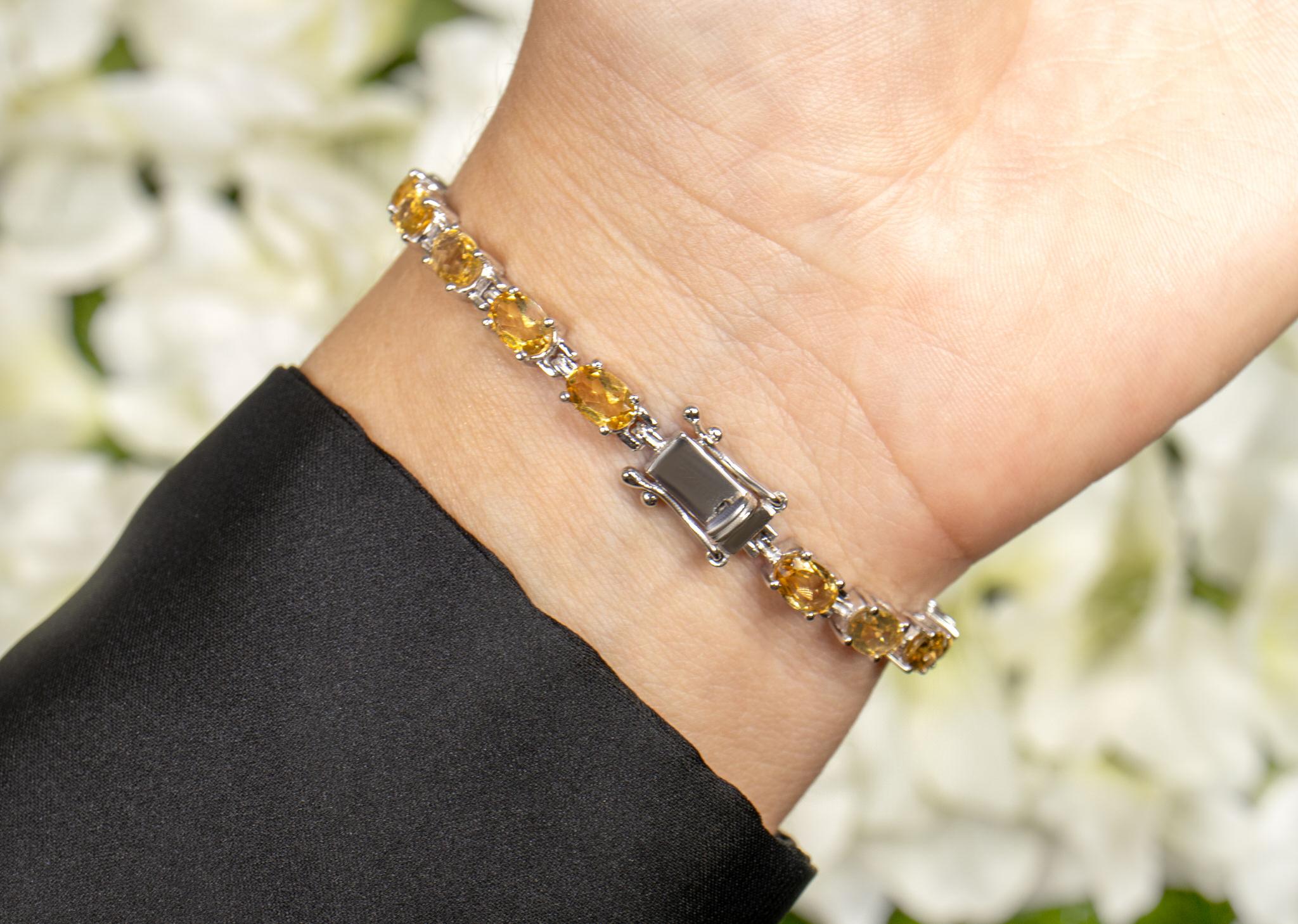 Women's or Men's Citrine Tennis Bracelet 9 Carats Oval Cut Rhodium Plated Silver For Sale