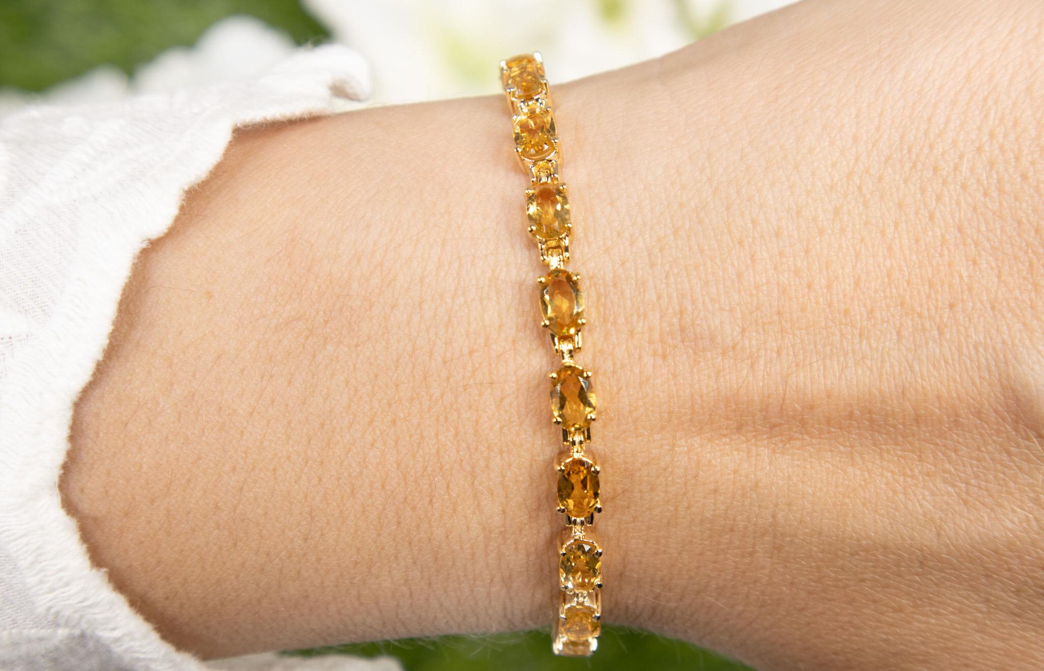 Contemporary Citrine Tennis Bracelet 9.45 Carats Oval Cut 14K Yellow Gold Plated Silver For Sale