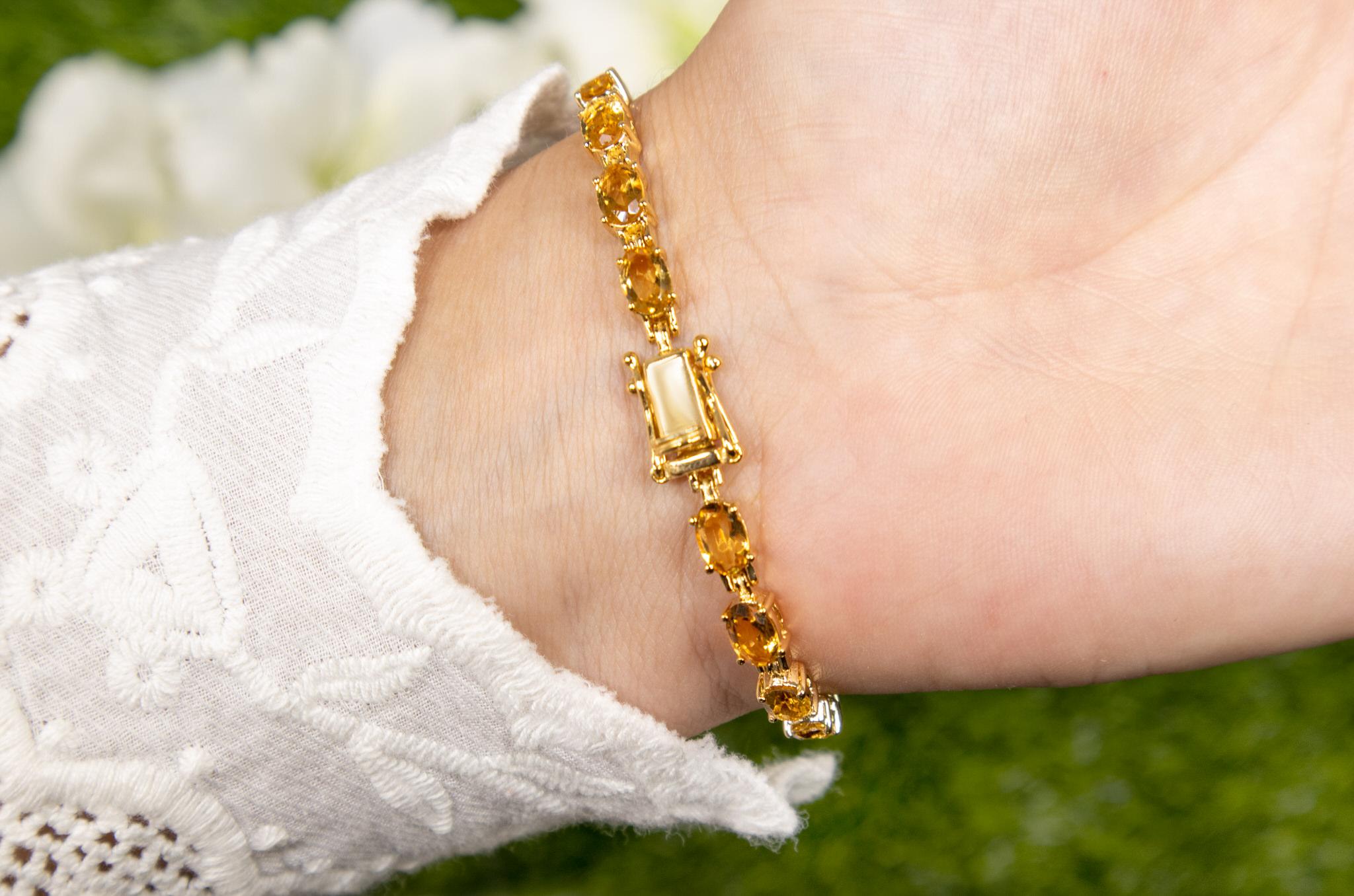 Citrine Tennis Bracelet 9.45 Carats Oval Cut 14K Yellow Gold Plated Silver In Excellent Condition For Sale In Aliso Viejo, CA