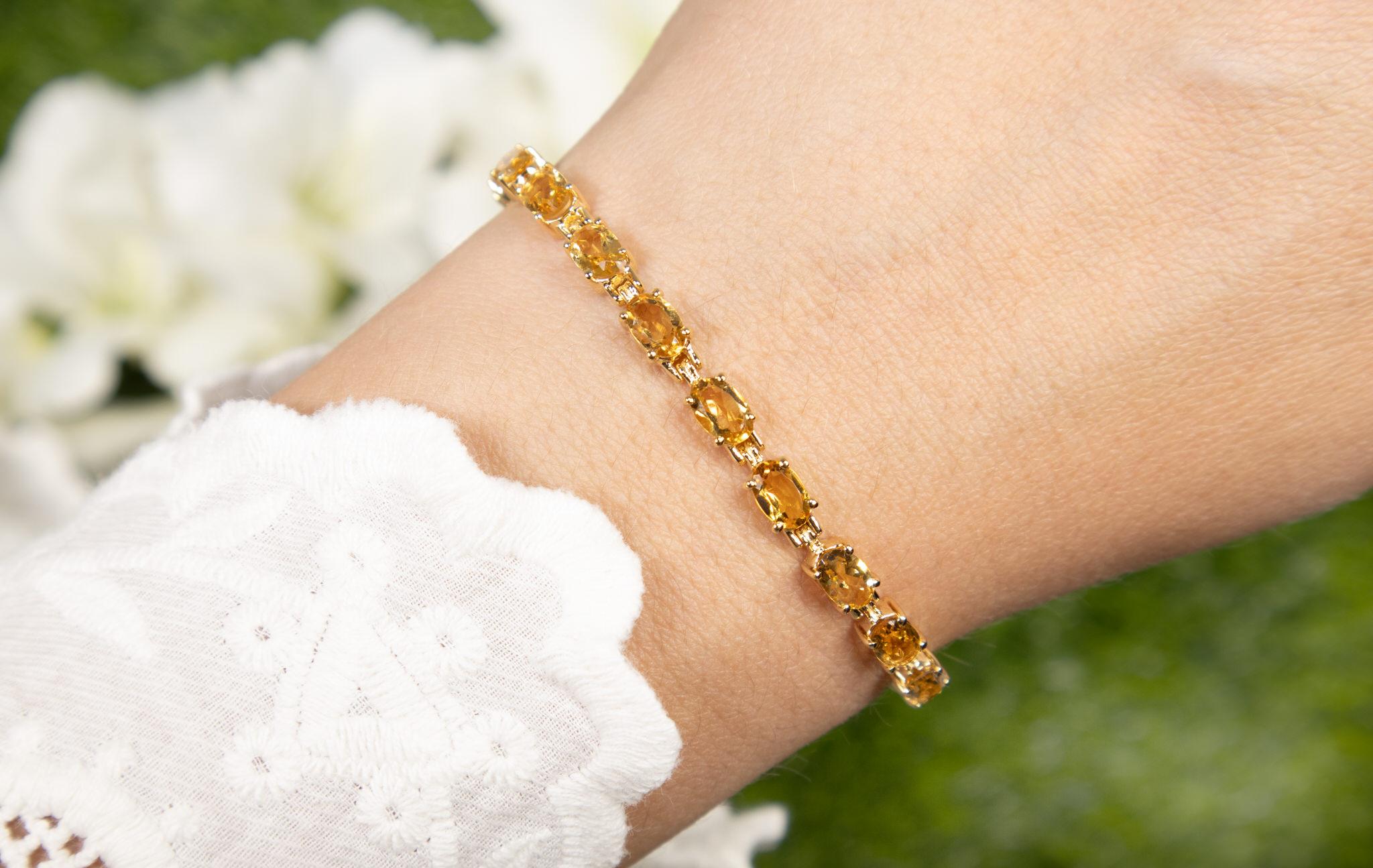 Women's or Men's Citrine Tennis Bracelet 9.45 Carats Oval Cut 14K Yellow Gold Plated Silver For Sale