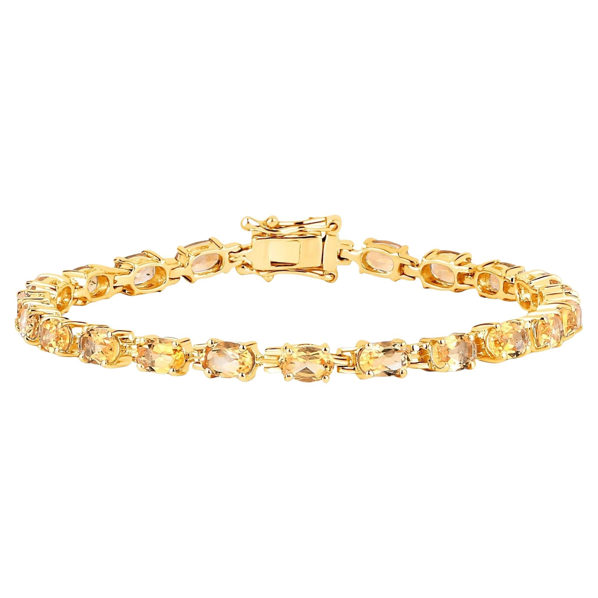 Citrine Tennis Bracelet 9.45 Carats Oval Cut 14K Yellow Gold Plated Silver For Sale