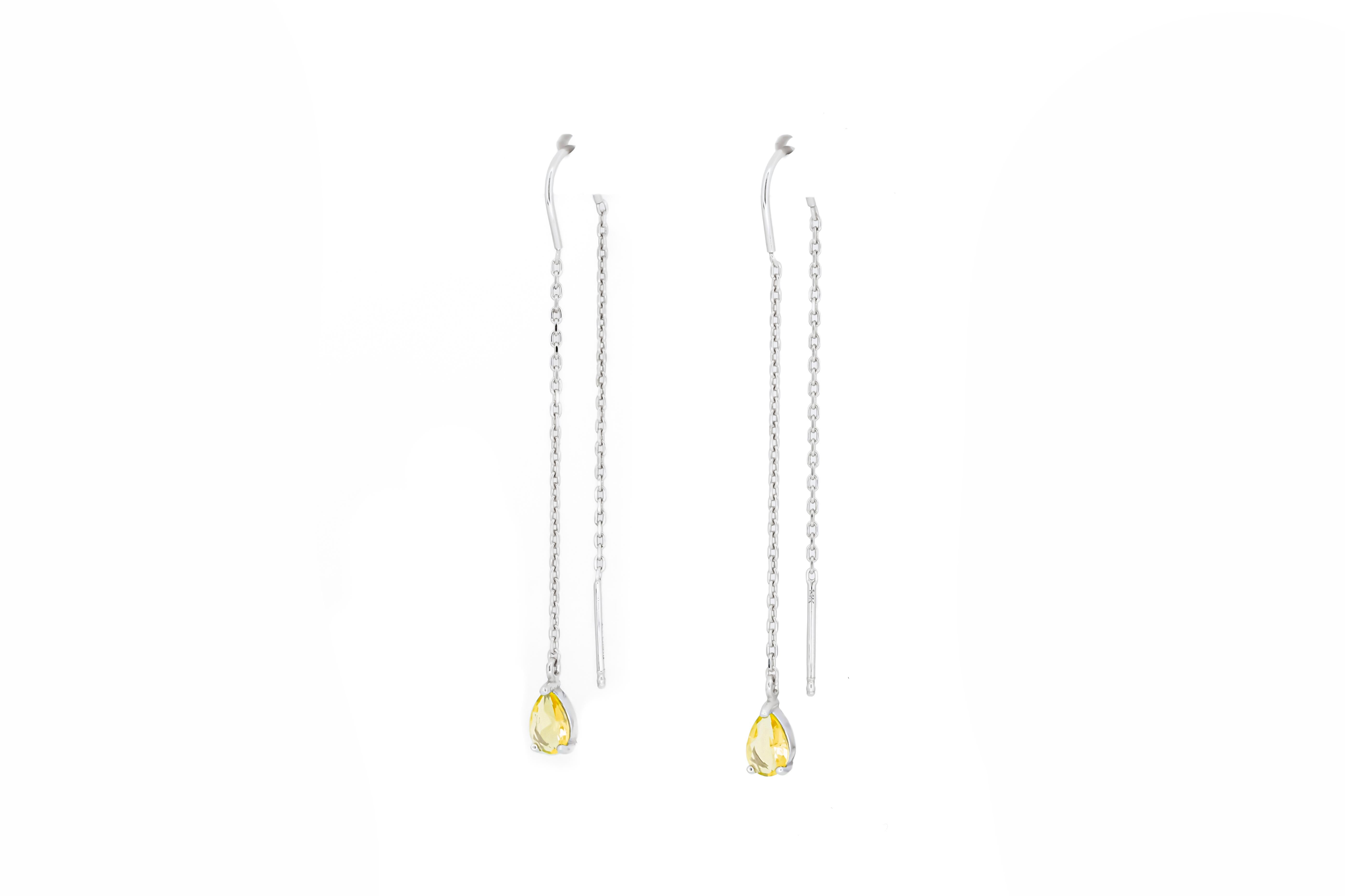 Pear Cut Citrine Threader Earrings in 14k gold. For Sale