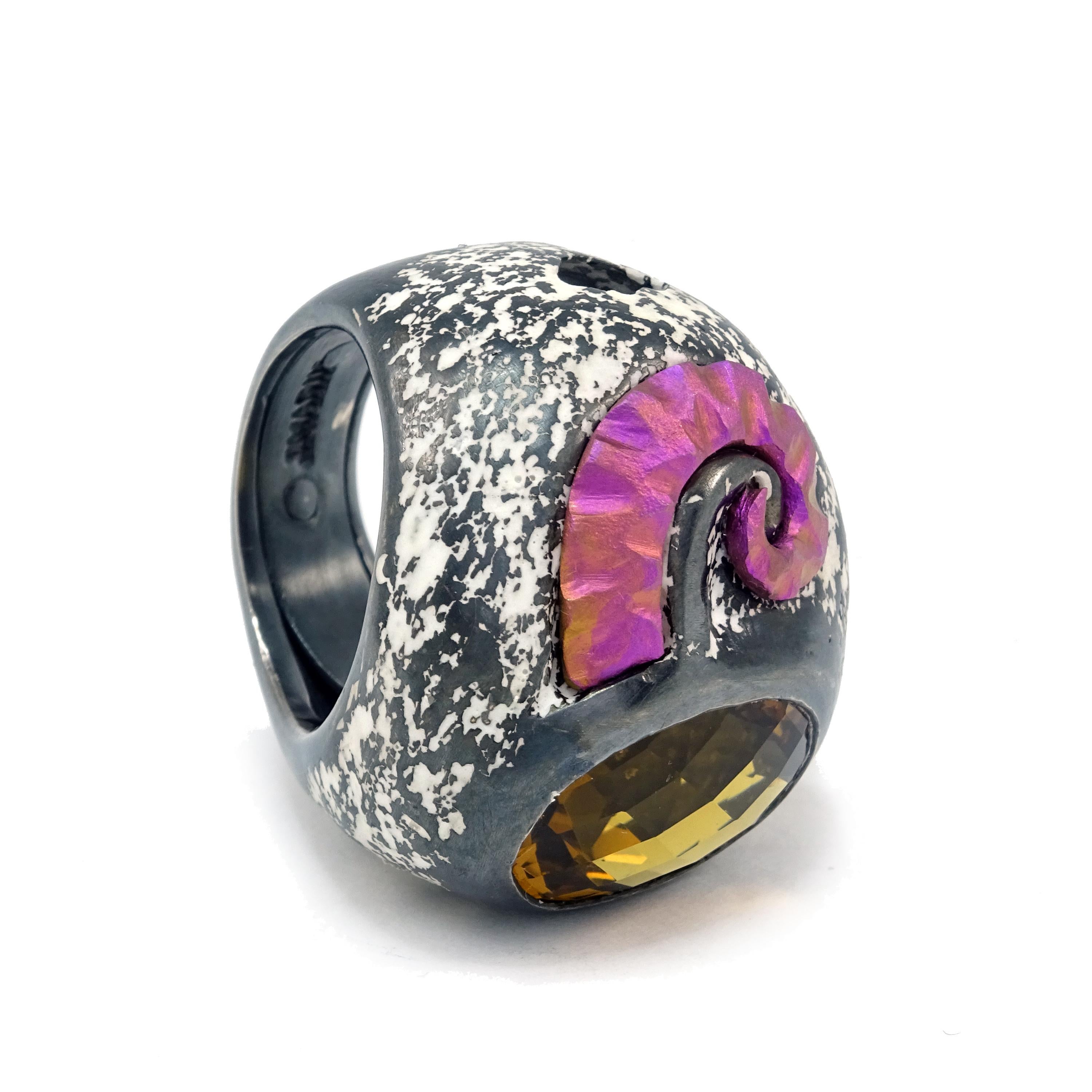 Contemporary Yellow Citrine  Pink Titanium Black Sterling Silver Cocktail Ring For Sale 4