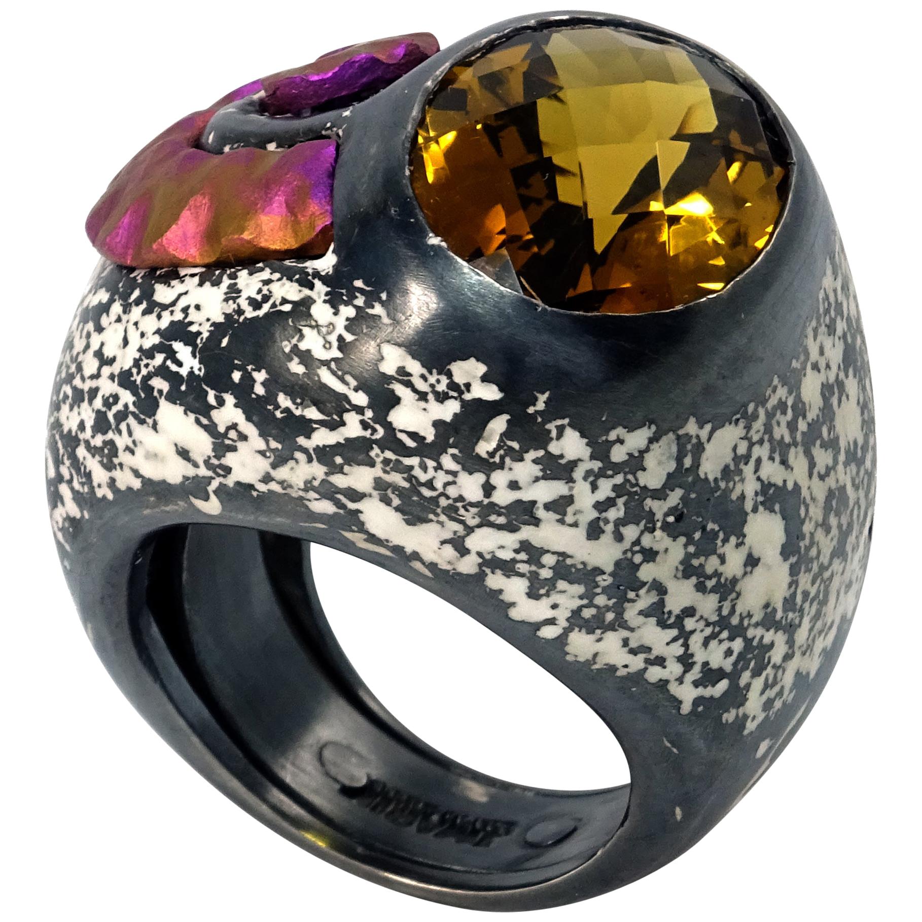 Contemporary Yellow Citrine  Pink Titanium Black Sterling Silver Cocktail Ring For Sale