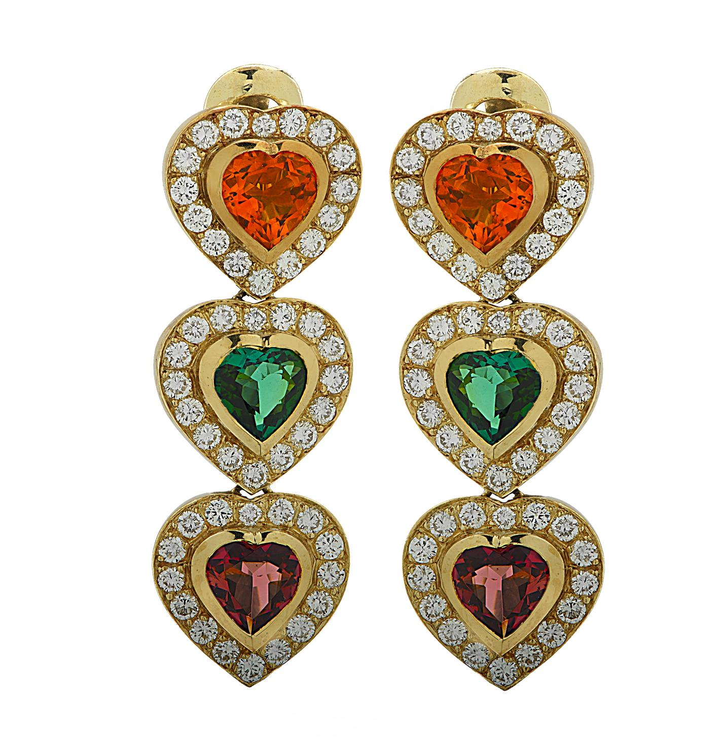 Modern Citrine, Tourmaline and Diamond Heart Dangle Earrings