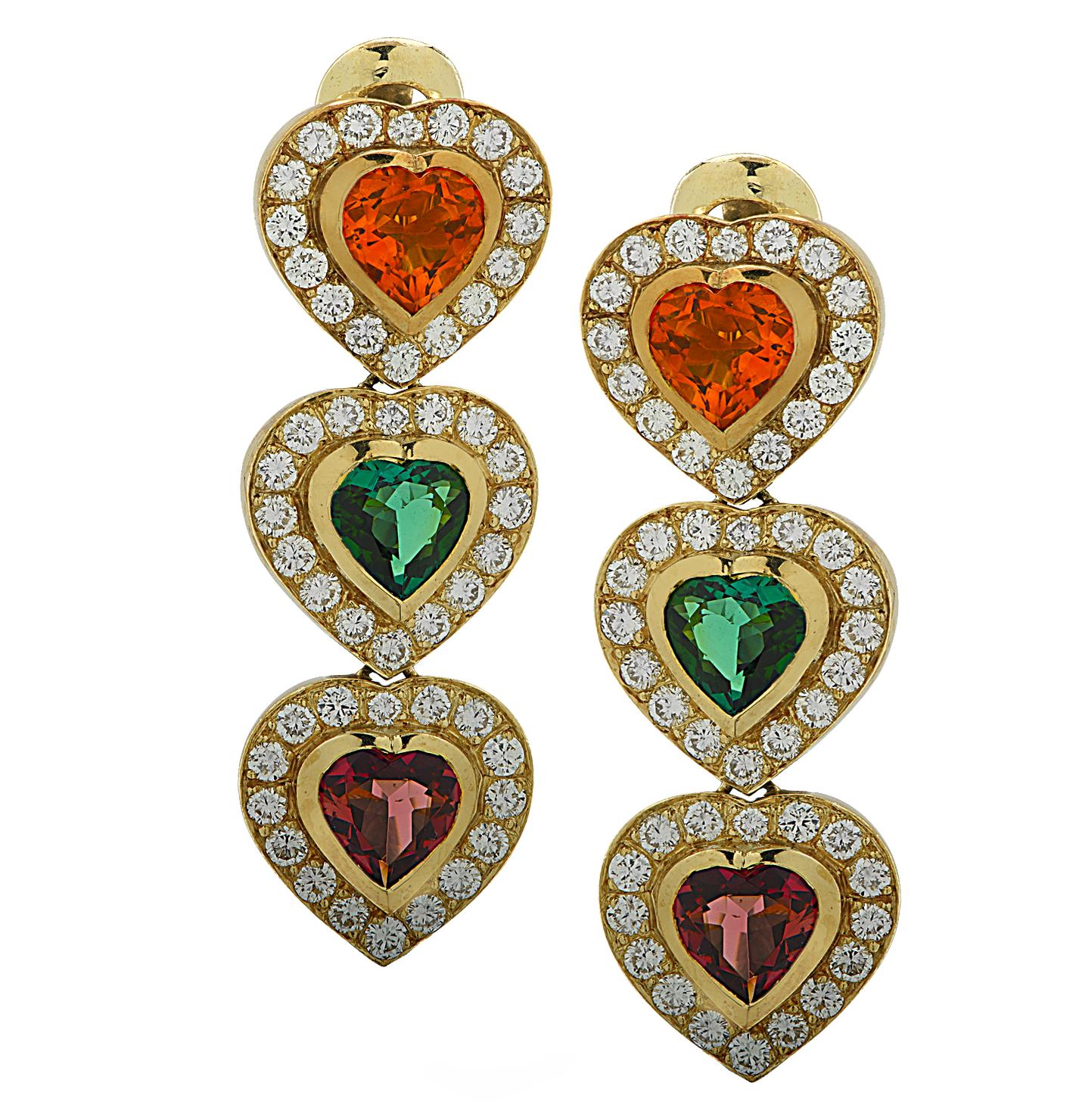 Heart Cut Citrine, Tourmaline and Diamond Heart Dangle Earrings