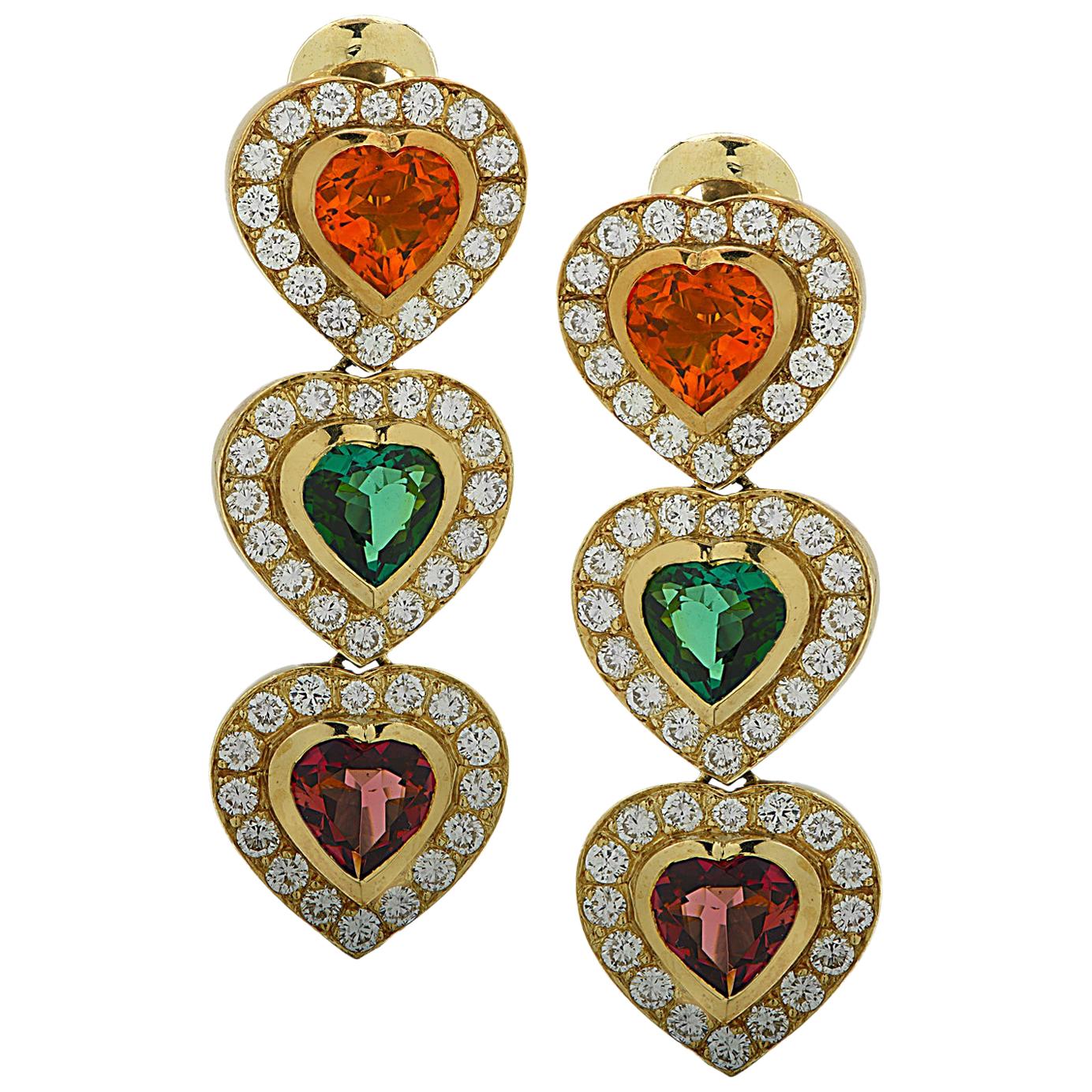 Citrine, Tourmaline and Diamond Heart Dangle Earrings