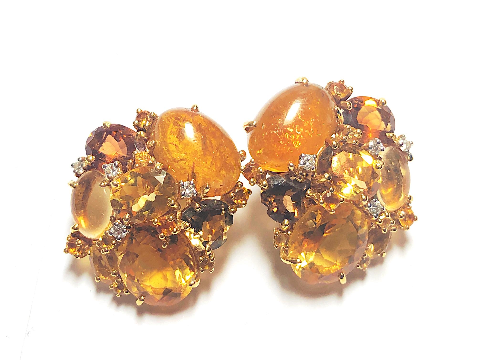Women's or Men's Citrine Tourmaline Gold Cluster Earrings