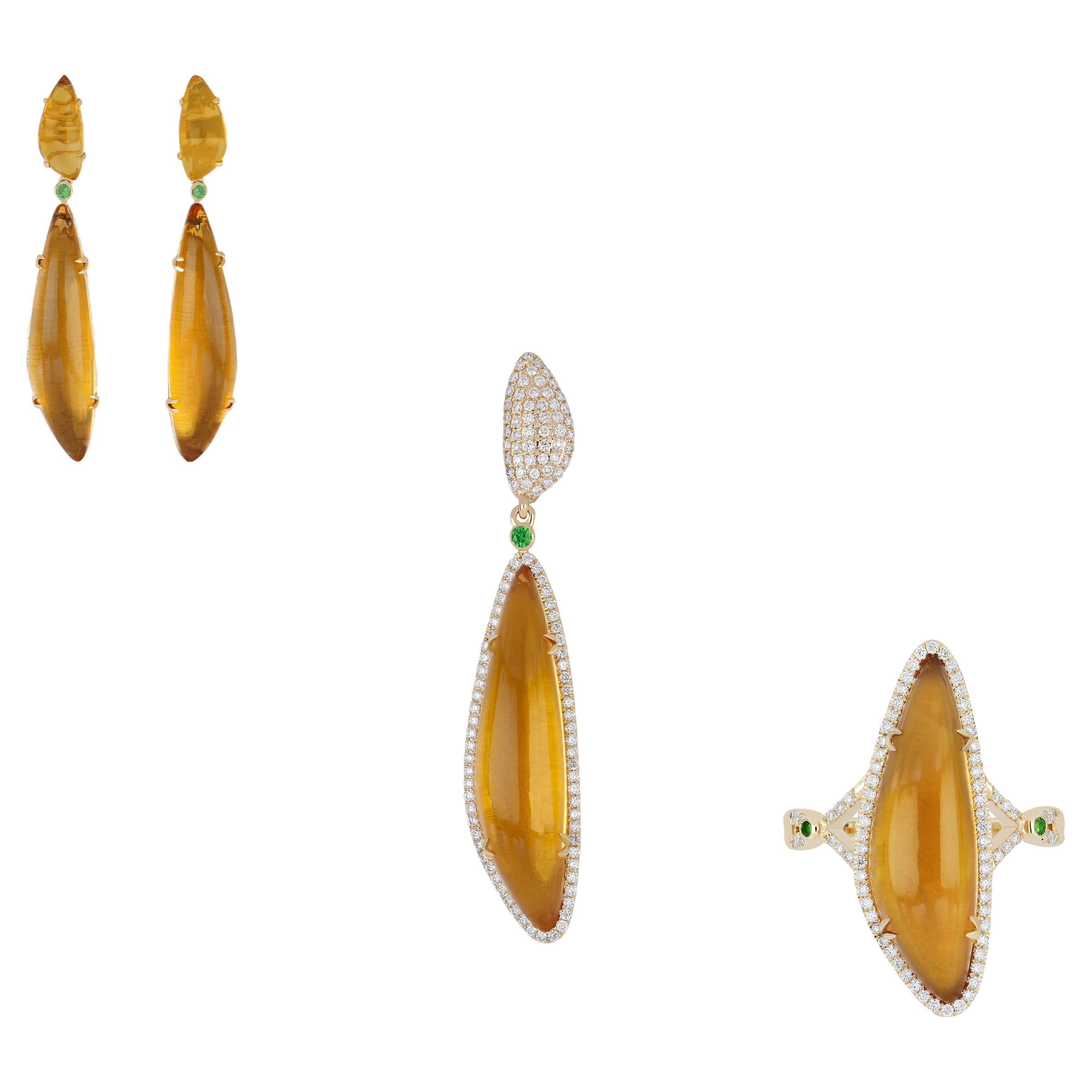 Citrine, Tsavorite and Diamond Ring Earring and Pendant Set in 14k Yellow Gold
