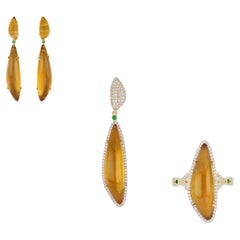 Citrine, Tsavorite and Diamond Ring Earring and Pendant Set in 14k Yellow Gold