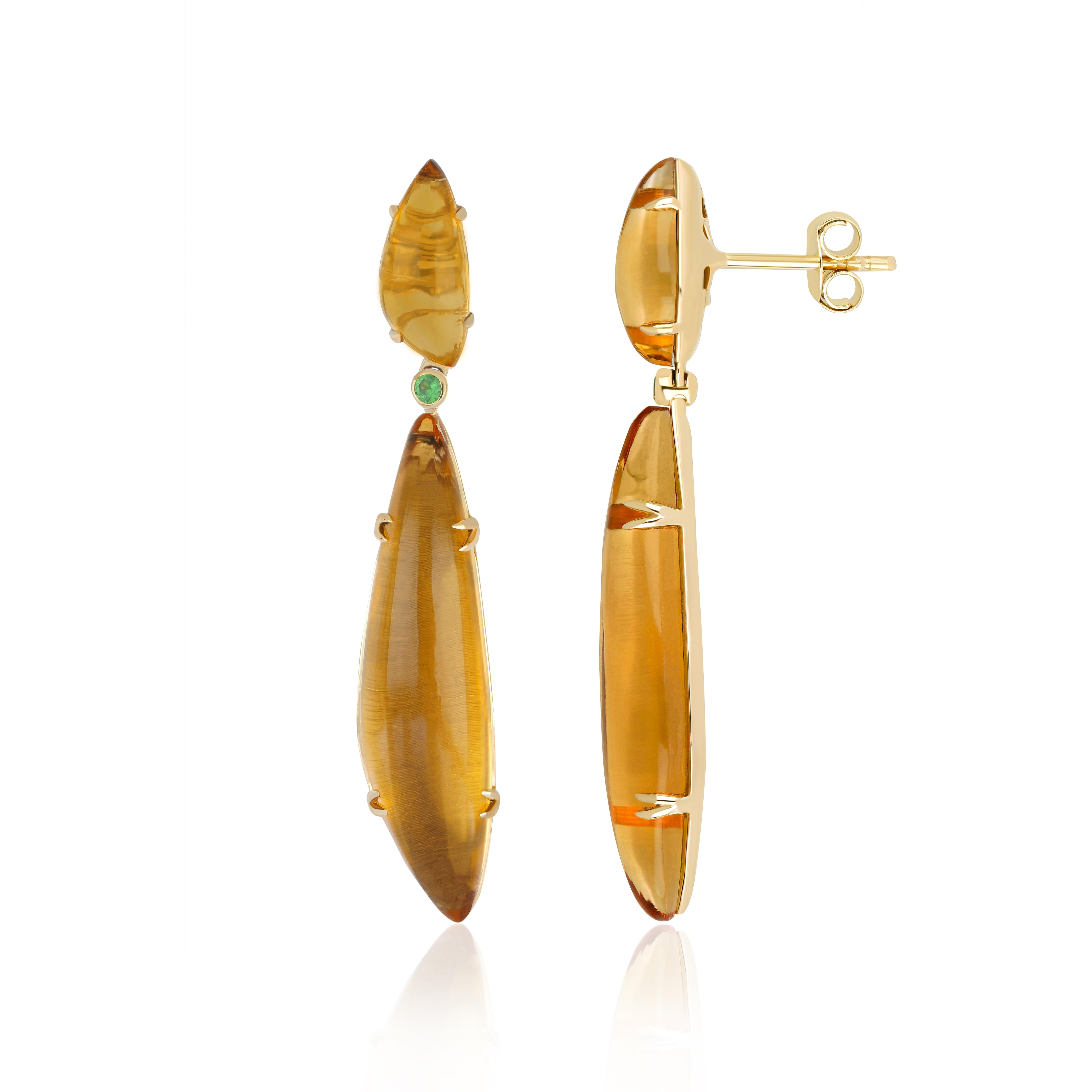 Cabochon Orecchino artigianale in oro giallo 14 carati con citrino e tsavorite in vendita