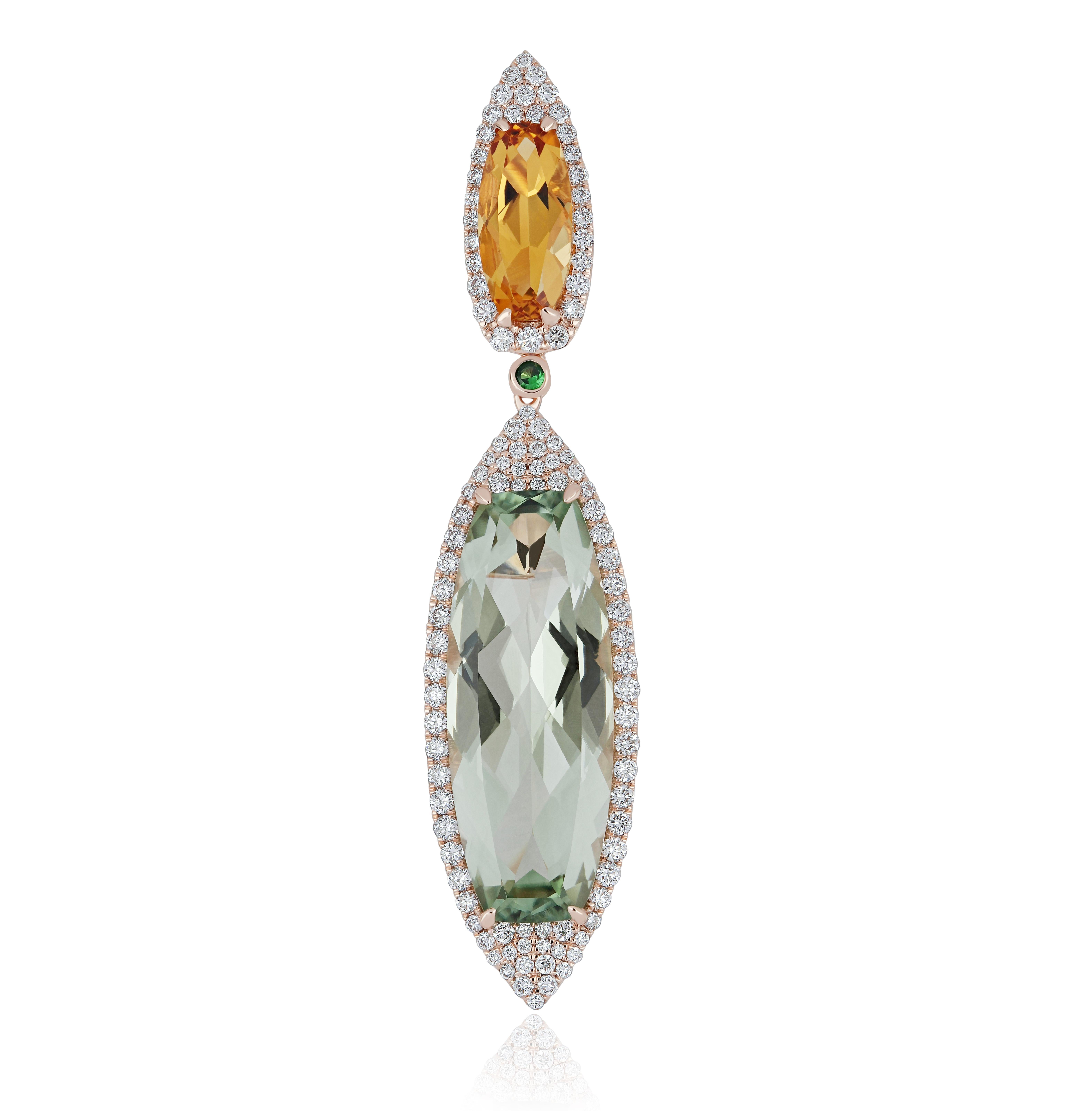 Moderne Citrine, Tsavorite,  Pendentif en or rose 14 carats avec quartz menthe et diamant en vente