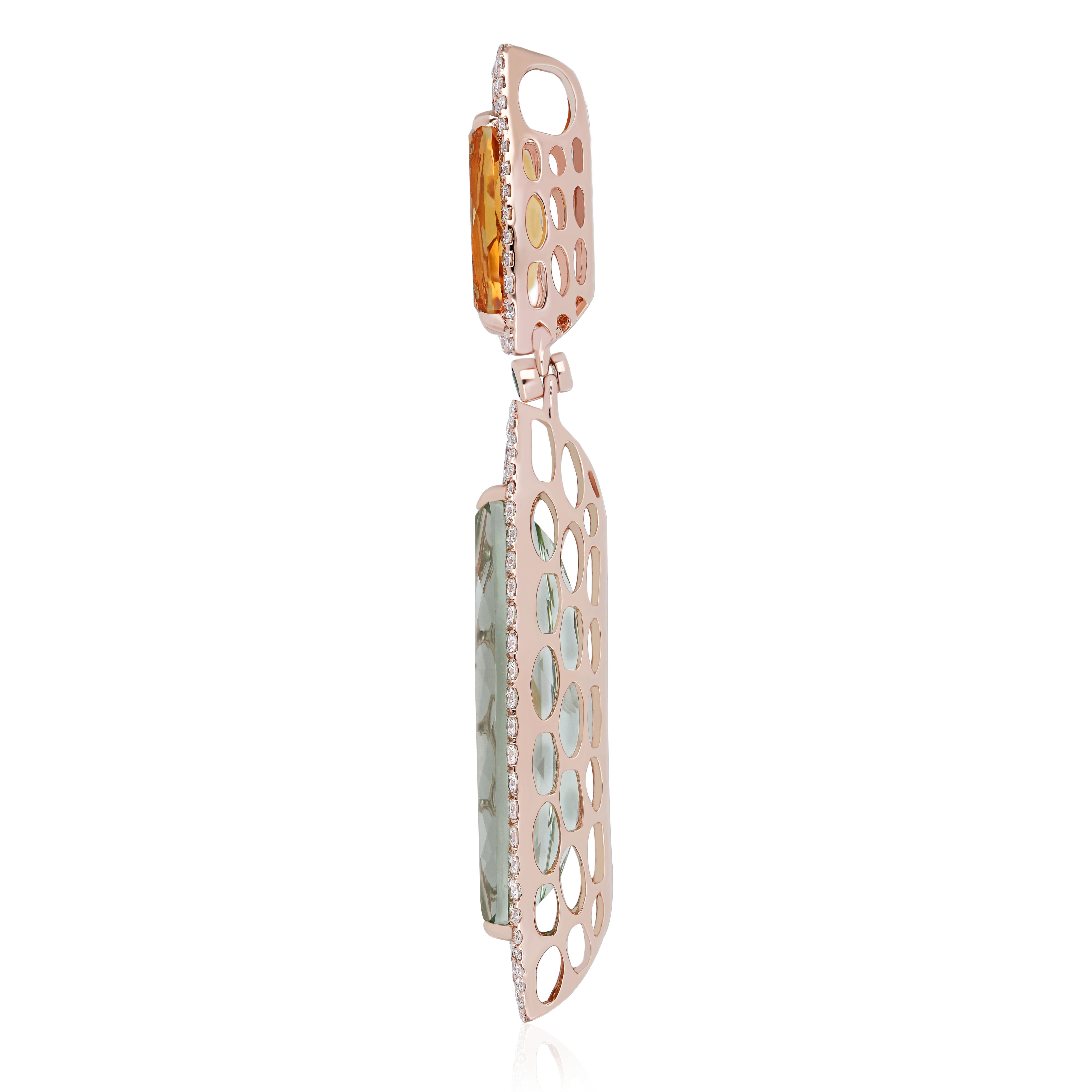 Citrine, Tsavorite,  Pendentif en or rose 14 carats avec quartz menthe et diamant Pour femmes en vente
