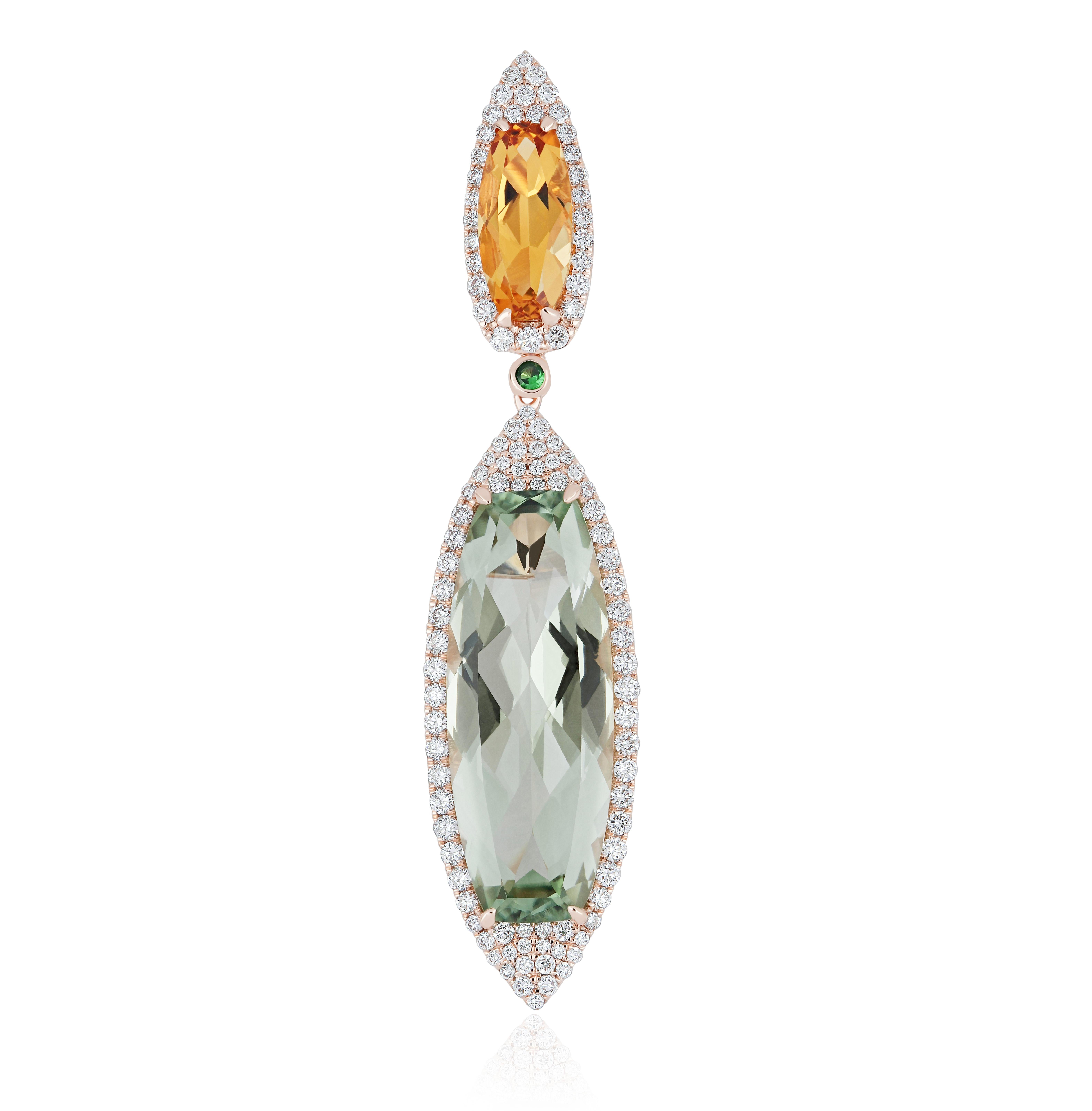 Citrine, Tsavorite,  Pendentif en or rose 14 carats avec quartz menthe et diamant en vente 3