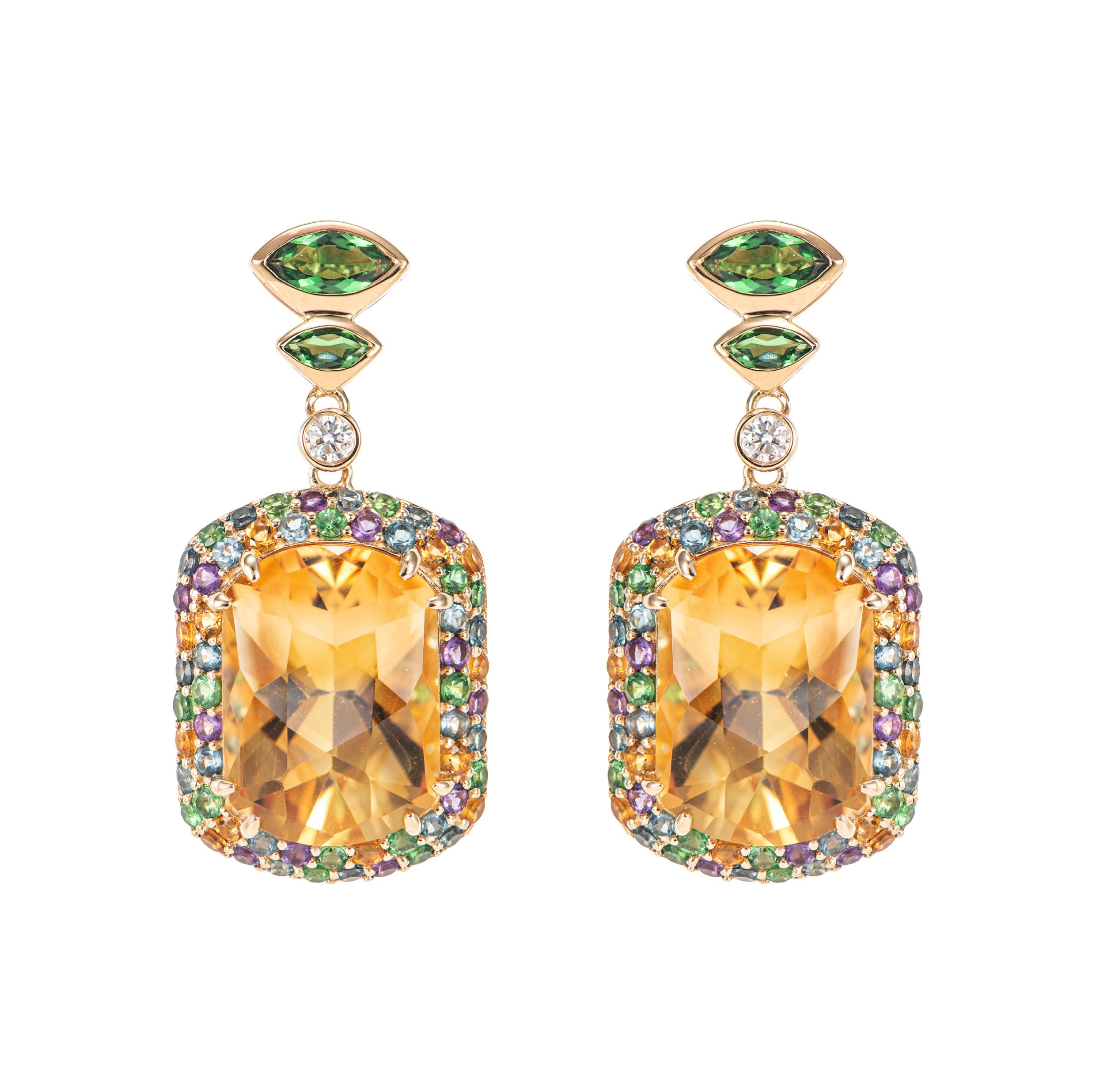 Contemporary Citrine, Tsavorite, Multi Gemstone and White Diamond Drop Earring in 18KYG. For Sale