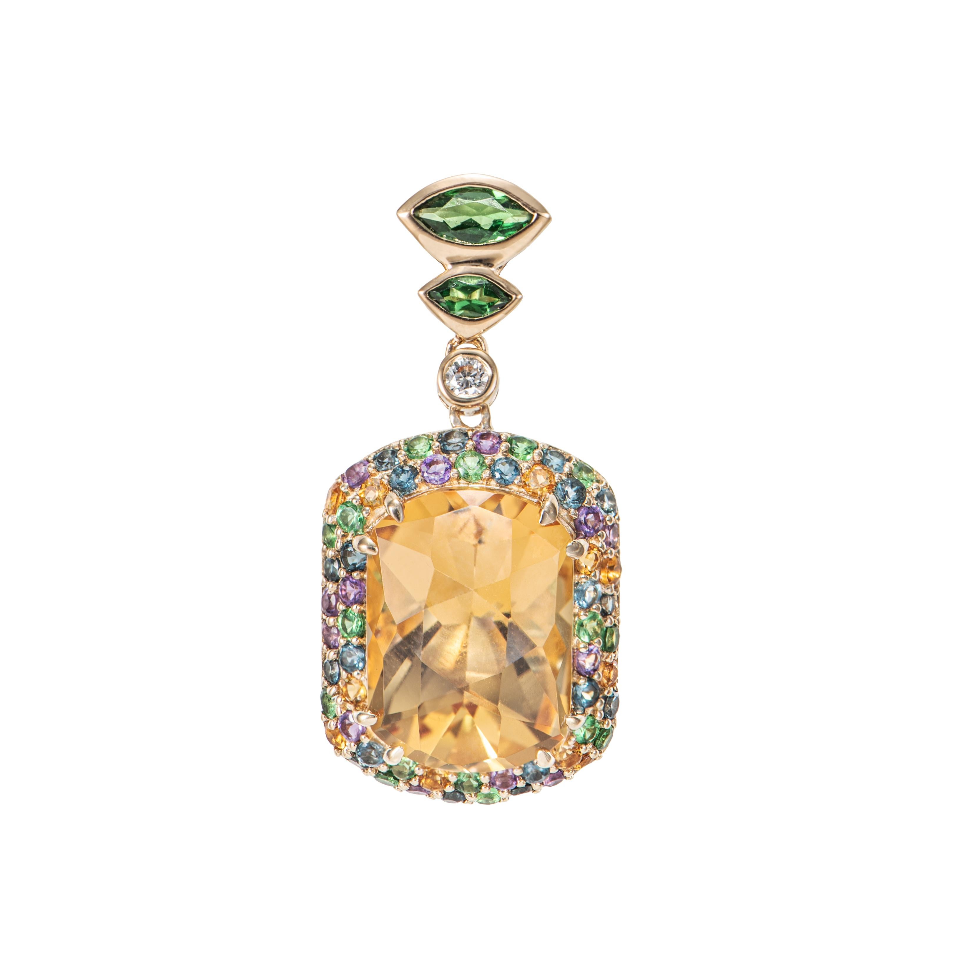 Oval Cut Citrine, Tsavorite, Multi Gemstone and White Diamond Pendant in 18KYG. For Sale