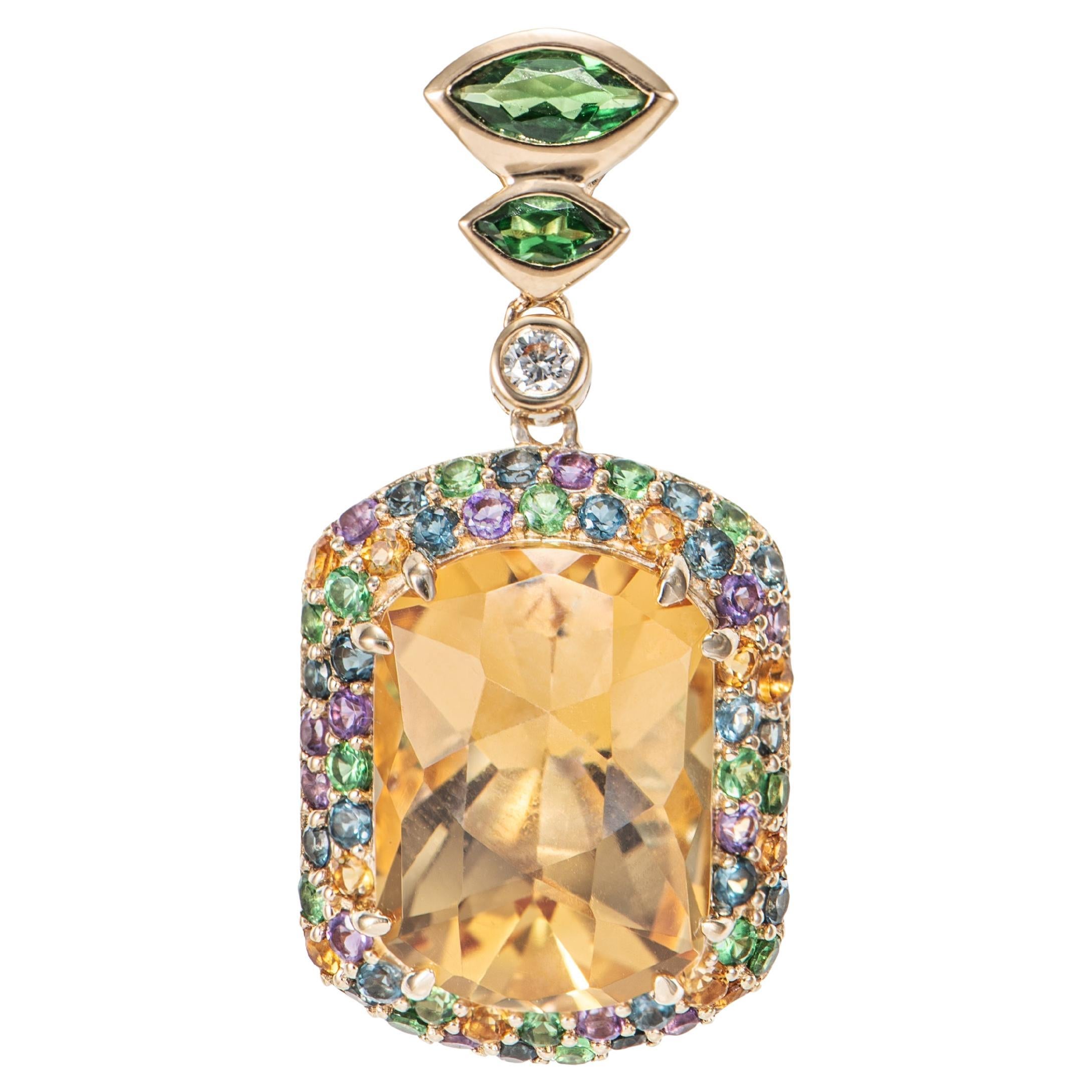 Citrine, Tsavorite, Multi Gemstone and White Diamond Pendant in 18KYG. For Sale