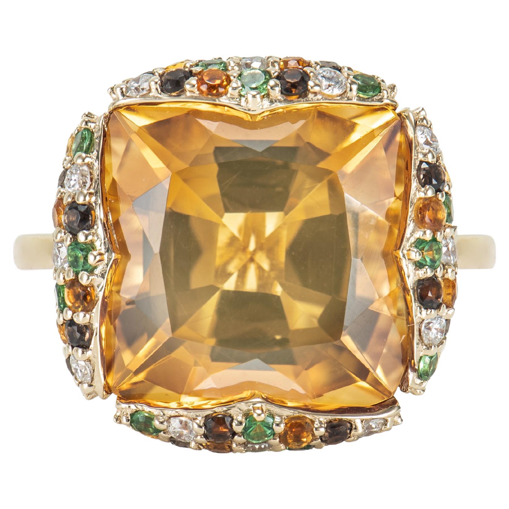 Citrine, Tsavorite, Smoky Quartz and White Diamond Cocktail Ring in 18KYG. For Sale