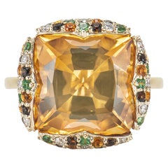 Bague cocktail en citrine, tsavorite, quartz fumé et diamant blanc 18 carats