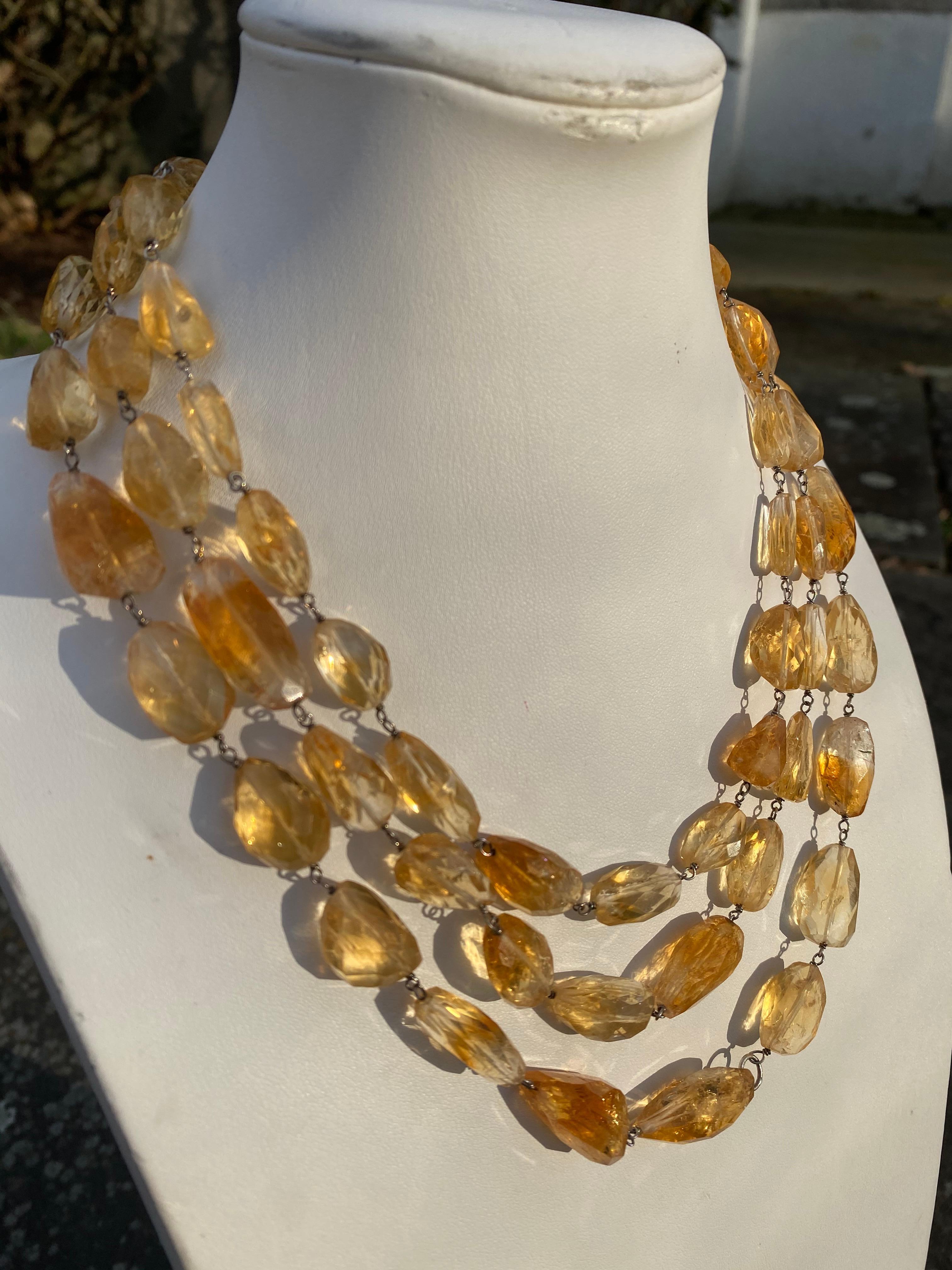 Artisan Citrine Tumbled Multistrand Necklace in Sterling Silver For Sale