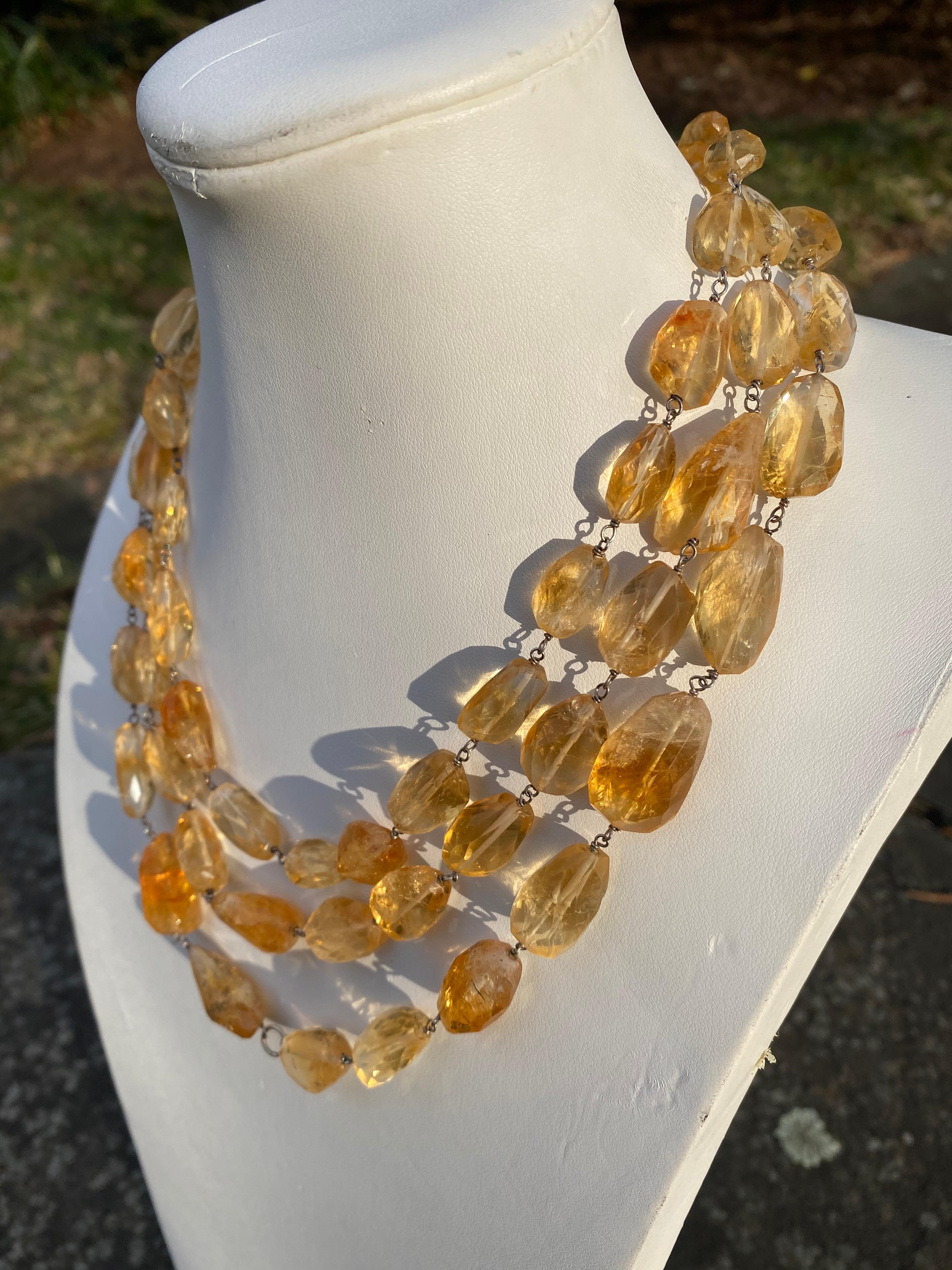 Bead Citrine Tumbled Multistrand Necklace in Sterling Silver For Sale