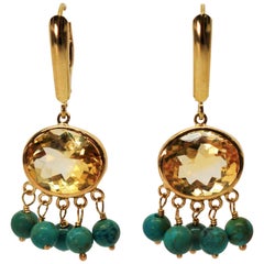 Citrine Turquoise Yellow Gold Drop Earrings