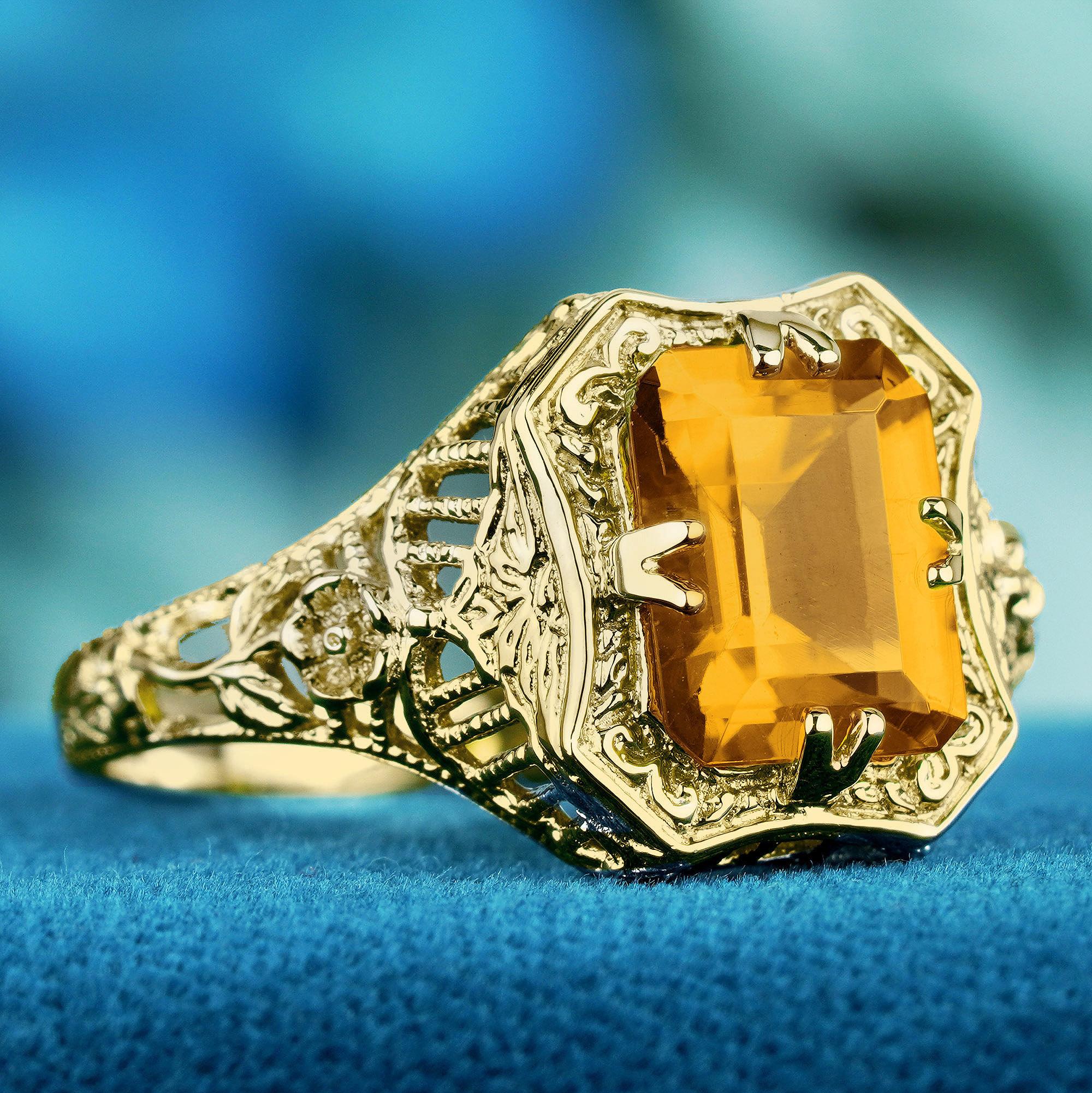 Edoardiano Anello Citrino in stile filigrana vintage in oro giallo massiccio 9K in vendita