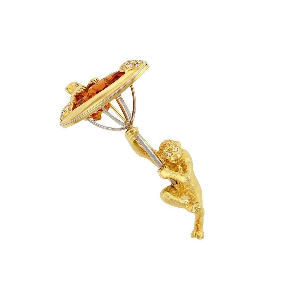 Citrine White Diamond 18k Gold MONKEY WITH PARASOL Brooch by John Landrum Bryant In New Condition For Sale In New York, NY