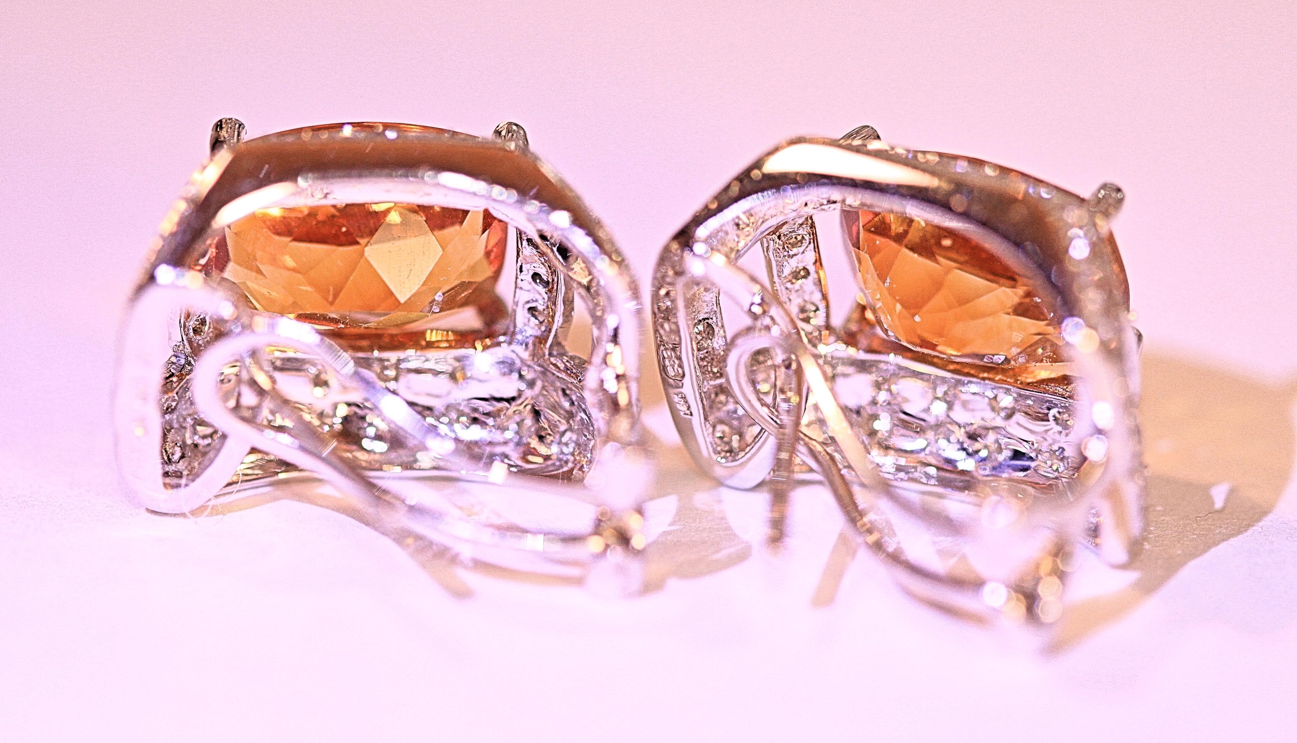 Oval Cut Citrine White Diamond Earrings 18 Karat White Gold For Sale