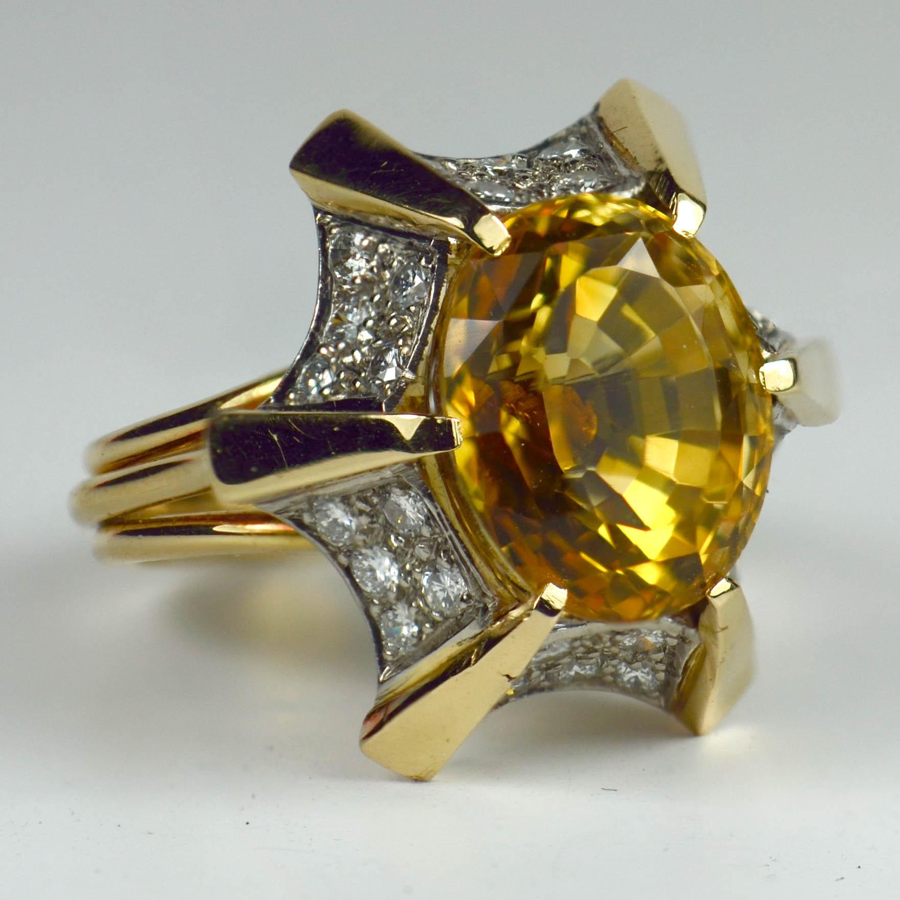 Women's Citrine White Diamond Yellow Gold Cocktail Ring For Sale