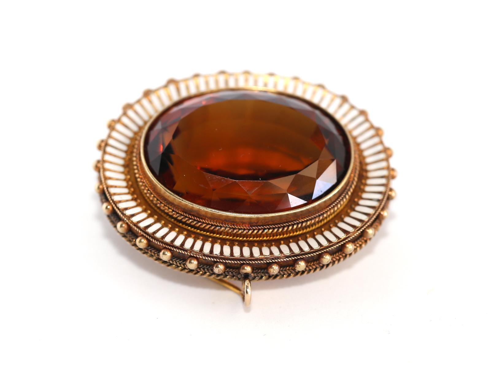 Massive Citrine White Enamel Pendant Brooch of Bidermier Epoc.
The superb quality of craftsmanship. White Enamel is flawless. 

The pendant/brooch is of the age where the components may be a combination of solid gold, rolled gold, and gold wash. 
it