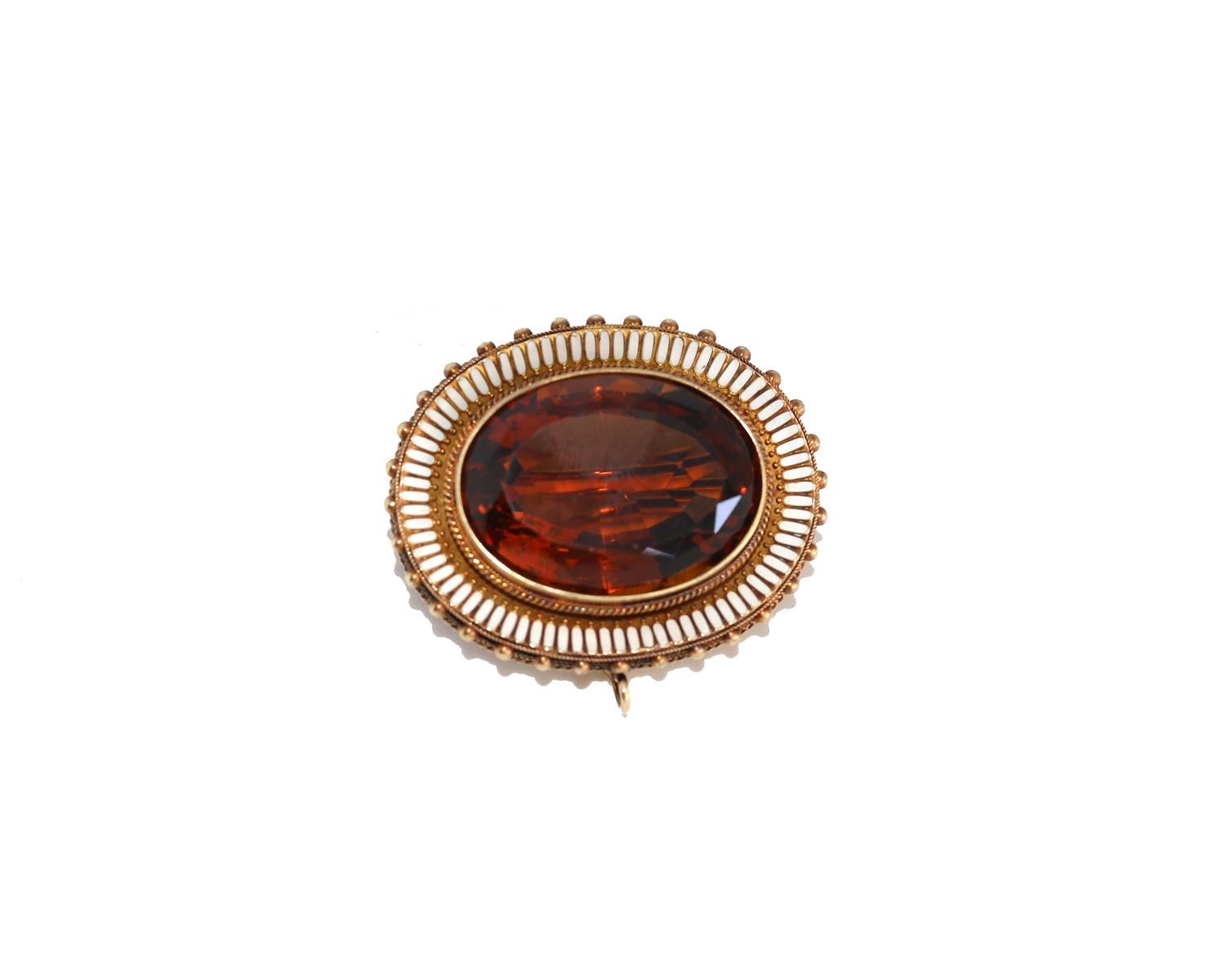 Oval Cut Citrine White Enamel Pendant Brooch, 1890 For Sale