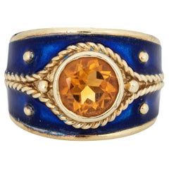 Citrine Wide Band Cigar Ring Blue Enamel 14k Gold Retro Estate Jewelry