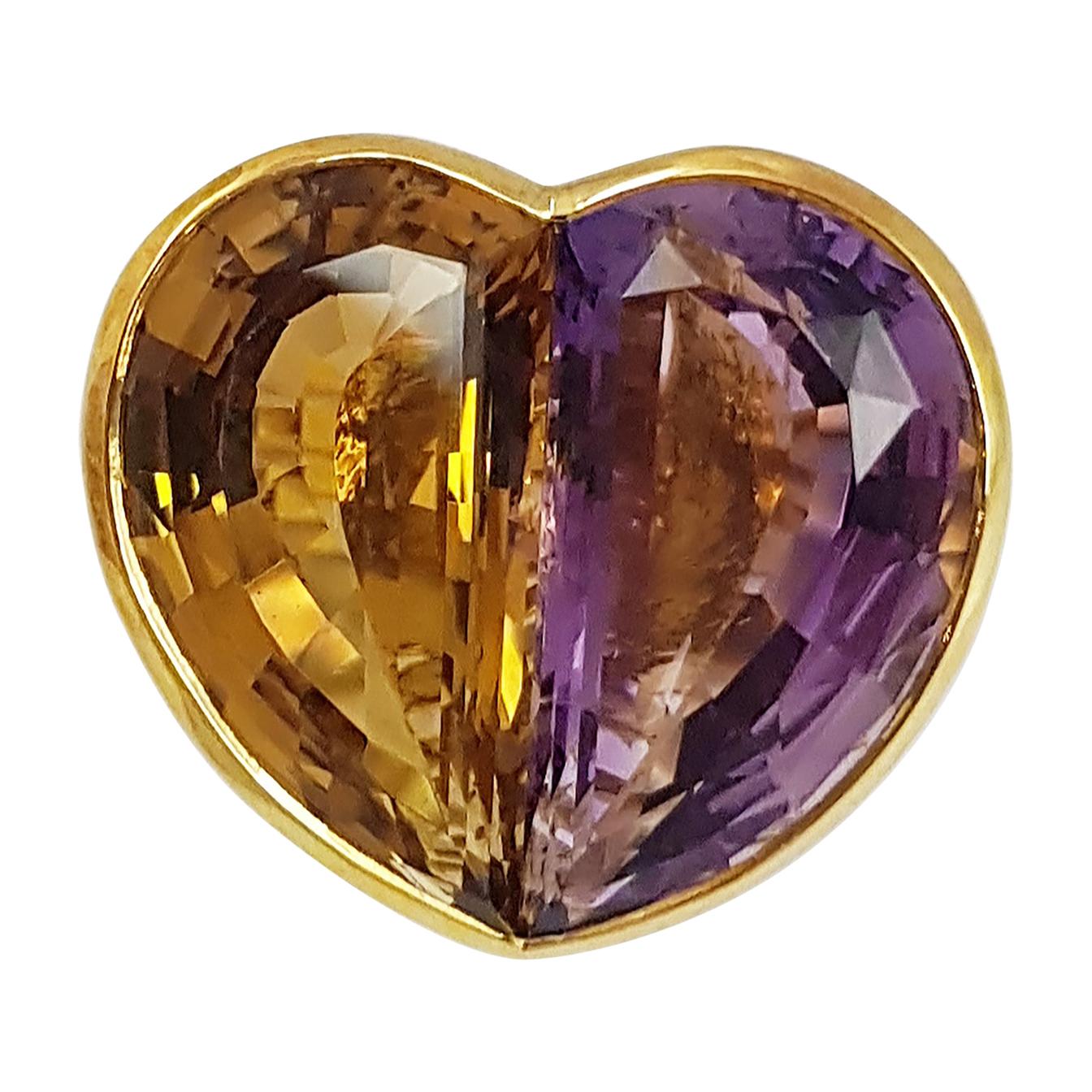Citrine with Amethyst Heart Ring set in 18 Karat Gold Settings