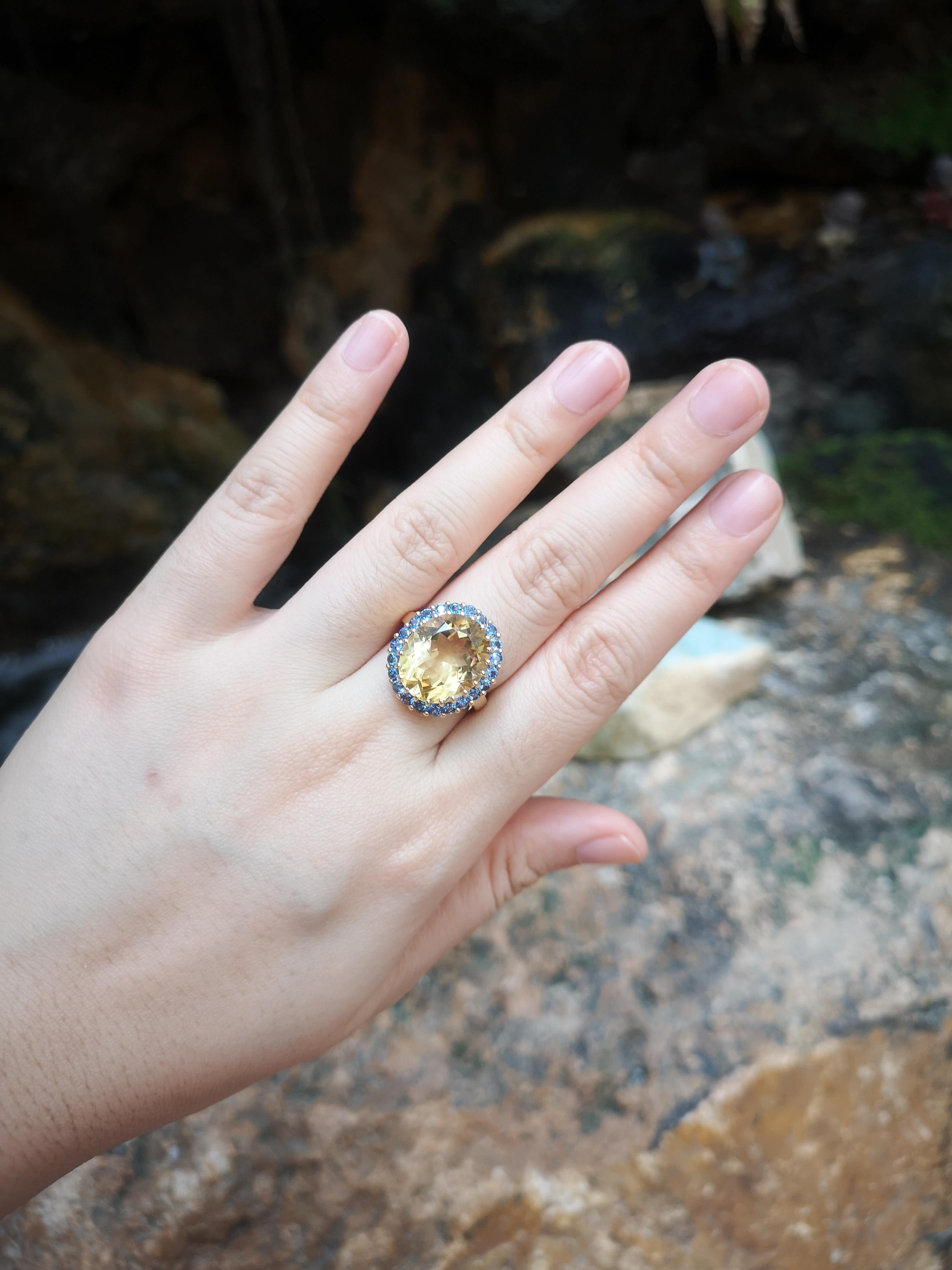 Citrine 10.0 carats with Blue Sapphire 1.50 carats Ring set in 18 Karat Gold Settings

Width:  1.8 cm 
Length: 2.0 cm
Ring Size: 57
Total Weight: 9.09 grams

