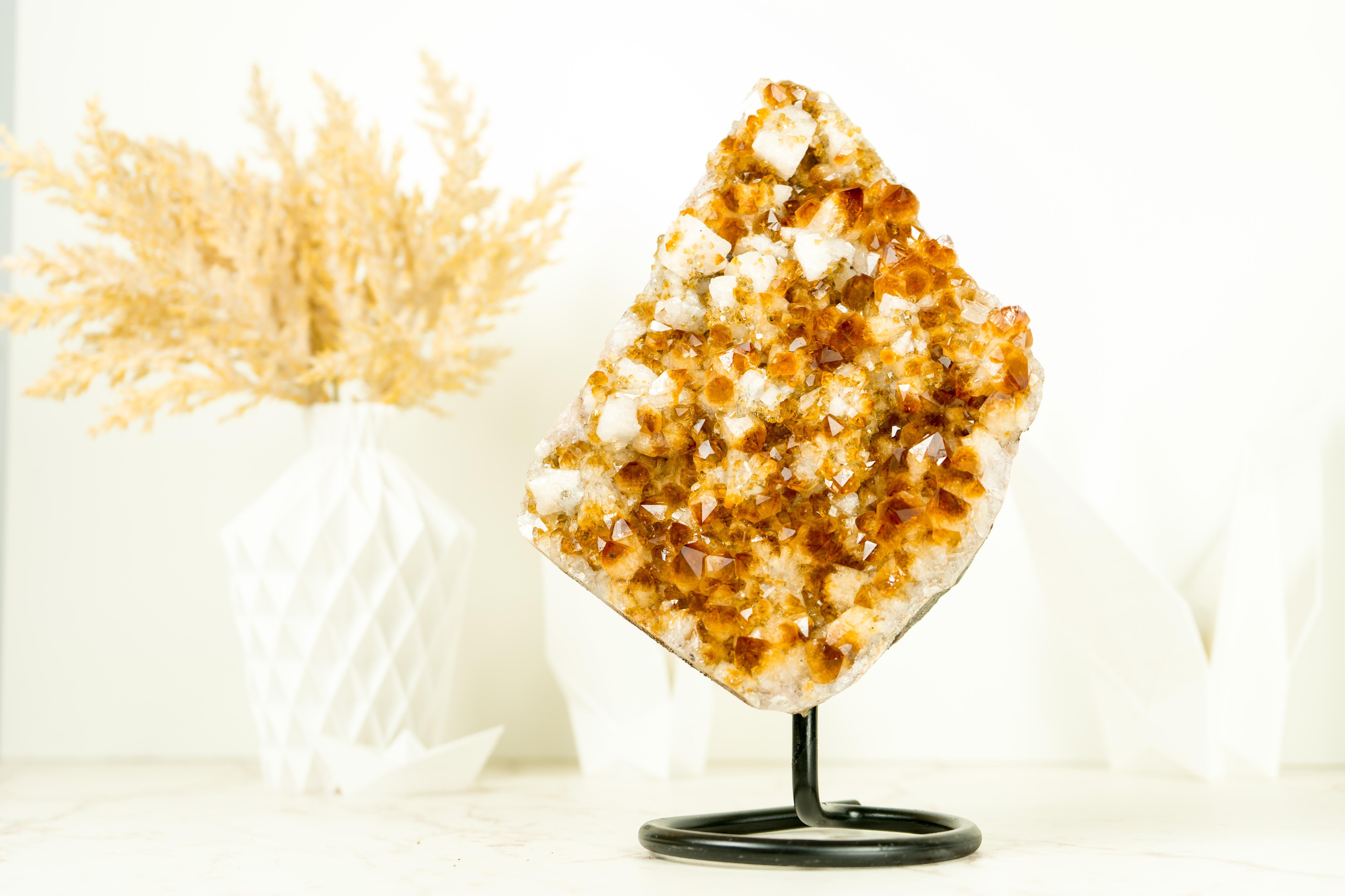 Outstanding in its beauty, this high-quality Citrine Cluster showcases a deep orange color tone, also known as Golden Citrine. The large, intact points and the incredible Calcite formation create a stunning display, complemented by the presence of