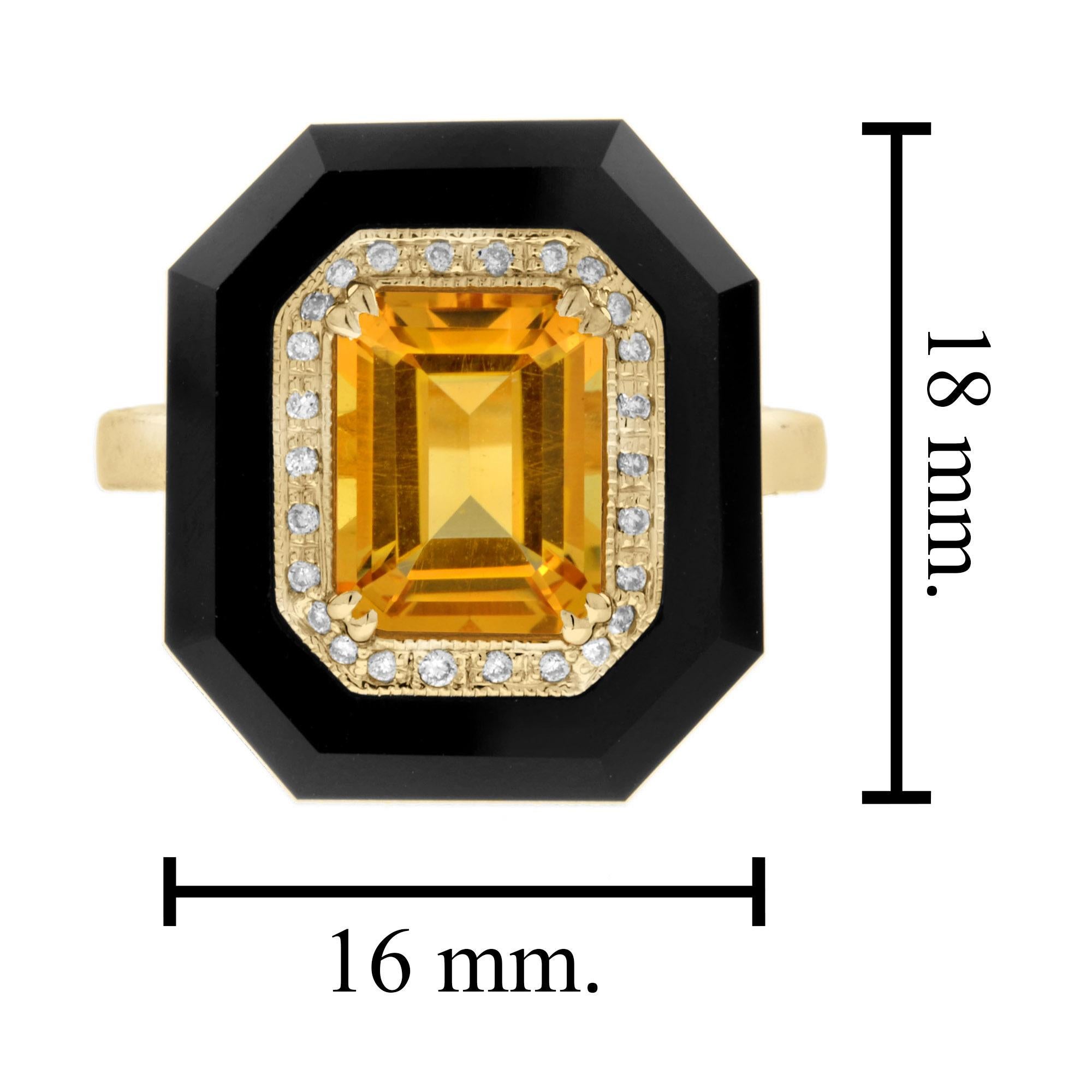 For Sale:  Citrine with Diamond and Onyx Art Deco Style Cocktail Ring in 14K Yellow Gold 7